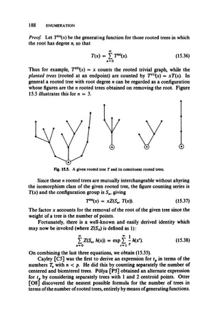 188 ENUMERATION
Proof. Let T ^ x ) be the generating function for those rooted trees in which
the root has degree n, so that
T{x) = £ P"x). (15.36)
F!= 0
Thus for example, T(0)(x) = x counts the rooted trivial graph, while the
planted trees (rooted at an endpoint) are counted by T {l)(x) = xT(x). In
general a rooted tree with root degree n can be regarded as a configuration
whose figures are the n rooted trees obtained on removing the root. Figure
15.5 illustrates this for n = 3.
& © 0
Fig. 15.5. A given rooted tree T and its constituent rooted trees.
Since these n rooted trees are mutually interchangeable without altering
the isomorphism class of the given rooted tree, the figure counting series is
T(x) and the configuration group is S„, giving
(15.37)
The factor x accounts for the removal of the root of the given tree since the
weight of a tree is the number of points.
Fortunately, there is a well-known and easily derived identity which
may now be invoked (where Z(S0) is defined as 1):
P nx) = xZ(Sn, T(x)).
J Z(Sn, h(x)) = exp X ; h(xr).
11=0 r —1 '
(15.38)
On combining the last three equations, we obtain (15.35).
Cayley [C5] was the first to derive an expression for tp in terms of the
numbers Tn with n < p. He did this by counting separately the number of
centered and bicentered trees. Polya [P5] obtained an alternate expression
for tp by considering separately trees with 1 and 2 centroid points. Otter
[0 8 ] discovered the neatest possible formula for the number of trees in
terms of the number of rooted trees, entirely by means ofgenerating functions.
 