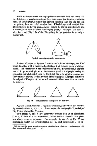 10 GRAPHS
There are several variations of graphs which deserve mention. Note that
the definition of graph permits no loop, that is, no line joining a point to
itself. In a multigraph, no loops are allowed but more than one line can join
two points; these are called multiple lines. If both loops and multiple lines
are permitted, we have a pseudograph. Figure 2.3 shows a multigraph and
a pseudograph with the same “underlying graph,” a triangle. We now see
why the graph (Fig. 1.2) of the Konigsberg bridge problem is actually a
multigraph.
Fig. 2.3. A multigraph and a pseudograph.
A directed graph or digraph D consists of a finite nonempty set V of
points together with a prescribed collection X of ordered pairs of distinct
points. The elements of X are directed lines or arcs. By definition, a digraph
has no loops or multiple arcs. An oriented graph is a digraph having no
symmetric pair ofdirected lines. In Fig. 2.4 all digraphs with three points and
three arcs are shown; the last two are oriented graphs. Digraphs constitute
the subject of Chapter 16, but we will encounter them from time to time in
the interim.
Fig. 2.4. The digraphs with three points and three arcs.
A graph G is labeled when the p points are distinguished from one another
by names* such as vt, v2, ***, vp. For example, the two graphs Gx and G2 of
Fig. 2.5 are labeled but G3 is not.
Two graphs G and H are isomorphic (written G = H or sometimes
G = H) if there exists a one-to-one correspondence between their point
sets which preserves adjacency. For example, Gt and G2 of Fig. 2.5 are
isomorphic under the correspondence v( «-» u„ and incidentally G3 is iso­
* This notation for points was chosen since v is the first letter of vertex. Another author calls
them vertices and writesPi,/>2»‘ ■• ,pv.
 