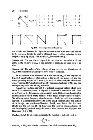 2 0 4 DIGRAPHS
l>2 l>3 V2 l?3
Fig. 16.5. Spanning in-trees and out-trees.
the matrix tree theorem for digraphs, we need some other matrices related
to D. Let Afod denote the matrix obtained from —A by replacing the ith
diagonal entry by od(pi). The matrix Afid is defined dually.
Theorem 16.9 For any labeled digraph D, the value of the cofactor of any
entry in the ith row of Mod is the number of spanning in-trees with vt as
sink.
Theorem 16.9' The value of the cofactor of any entry in the yth column of
M id is the number of spanning out-trees with Vj as source.
In accordance with Theorem 16.9, the matrix M ^ of the digraph of
Fig. 16.5 has all cofactors of its entries in the fourth row equal to 3 and the
three spanning in-trees of D with v4 as sink are displayed; the directional
dual, Theorem 16.9', is also illustrated by the second column of M id and the
two spanning out-trees with v2 as source.
An eulerian trail in a digraph D is a closed spanning walk in which each
arc of D occurs exactly once. A digraph is eulerian if it has such a trail. Just
as in Theorem 7.1 for graphs, one can easily show that a weak digraph D is
eulerian if and only if every point of D has equal indegree and outdegree.
We will now state a theorem giving the number ofeulerian trails in an eulerian
digraph. It is sometimes referred to as the BEST theorem after the initials
of de Bruijn, van Aardenne-Ehrenfest, Smith, and Tutte; the first two
[BE1] and the last two [ST1] discovered the theorem independently. It
can be elegantly proved using the matrix tree theorem for digraphs, see
Kasteleyn [K4, p. 76].
Corollary 16.9(a) In an eulerian digraph, the number of eulerian trails is
c - r m - D !
i= 1
where = id^,) and c is the common value of all the cofactors of Afod.
 