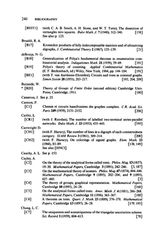 2 4 0 BIBLIOGRAPHY
[BSST1]
Brualdi, R. A.
[B17]
deBruijn, N. G.
[B18]
[B19]
[BE1]
(with C. A. B. Smith, A. H. Stone, and W. T. Tutte), The dissection of
rectangles into squares. Duke Math.J. 7 (1940), 312-340. [158]
See also p. 123.
Kronecker products of fully indecomposable matrices and of ultrastrong
digraphs, J. Combinatorial Theory 2 (1967), 135-139. [21]
Generalization of Polya’s fundamental theorem in enumeration com­
binatorial analysis. Indagationes Math. 21 (1959), 59-69. [191]
Polya’s theory of counting. Applied Combinatorial Mathematics
(E. F. Beckenbach, ed.) Wiley, New York, 1964, pp. 144-184. [191]
(with T. van Aardenne-Ehrenfest), Circuits and trees in oriented graphs.
Simon Stevin 28 (1951), 203-217. [195, 204, 209]
Burnside, W.
* [B20]
Cameron, J.
Camion, P.
[Cl]
Carlitz, L.
[CRl]
Cartwright D.
[CHI]
Theory of Groups of Finite Order(second edition)Cambridge Univ.
Press, Cambridge, 1911. [ 180]
See p. 25.
Chemie et circuits hamiltoniens des graphes complets.C.R. Acad. Sci.
Paris 249 (1959), 2151-2152. [206]
[CH2]
Cauchy, A. L.
Cayley, A.
[C2]
[C3]
[C4]
[C5]
[C6]
Chang, L. C.
[C7]
(with J. Riordan), The number of labelled two-terminal series-parallel
networks. Duke Math. J. 23 (1955), 435-445. [195]
(with F. Harary), The number of lines in a digraph of each connectedness
category. SIAM Review 3 (1961), 309-314. [208]
(with F. Harary), On colorings of signed graphs. Elem. Math. 23
(1968), 85-89. [138, 149]
See also [HNC1].
See p. 153.
On the theory of the analytical forms called trees. Philos. Mag. 13 (1857),
19-30. Mathematical Papers, Cambridge 3 (1891), 242-246. [3, 187]
On the mathematical theory of isomers. Philos. Mag. 67 (1874), 444-446.
Mathematical Papers, Cambridge 9 (1895), 202-204; and 9 (1895),
427-460. [3]
The theory of groups, graphical representation. Mathematical Papers,
Cambridge 10 (1895), 26-28. [168]
On the analytical forms called trees. Amer. Math. J. 4 (1881), 266-268.
Mathematical Papers, Cambridge 11 (1896), 365-367. [188]
A theorem on trees. Quart. J. Math. 23 (1889), 376-378. Mathematical
Papers,, Cambridge 13 (1897), 26-28. [179, 195]
The uniqueness and nonuniqueness of the triangular association scheme.
Sci. Record 3 (1959), 604-613. [78]
 