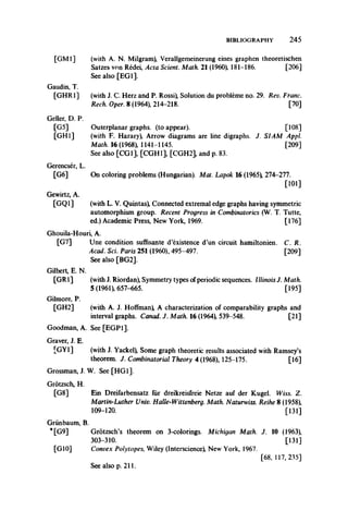 BIBLIOGRAPHY 245
[GM1] (with A. N. Milgram) Verallgemeinerung eines graphen theoretischen
Satzes von Redei, Acta Scient. Math. 21 (1960), 181-186. [206]
See also [EG1].
Gaudin, T.
[GHR1] (with J. C. Herz and P. Rossi) Solution du probleme no. 29. Rev. Franc.
Rech. Oper. 8 (1964), 214-218. [70]
Geller, D. P.
[G5] Outerplanar graphs, (to appear). [108]
[GH1] (with F. Harary), Arrow diagrams are line digraphs. J. SIAM Appl
Math. 16 (1968), 1141-1145. [209]
See also [CGI], [CGH1], [CGH2], and p. 83.
Gerencser, L.
[G6] On coloring problems (Hungarian). Mat. Lapok 16 (1965) 274-277.
[101]
Gewirtz, A.
[GQ1] (with L. V. Quintas) Connected extremal edge graphs having symmetric
automorphism group. Recent Progress in Combinatorics (W. T. Tutte,
ed.) Academic Press, New York, 1969. [176]
Ghouila-Houri, A.
[G7] Une condition suffisante d’existence d’un circuit hamiltonien. C. R.
Acad. Sci. Paris 251 (1960), 495-497. [209]
See also [BG2].
Gilbert, E. N.
[GR1] (with J. Riordan) Symmetry types of periodic sequences. IllinoisJ. Math.
5 (1961), 657-665. [195]
Gilmore, P.
[GH2] (with A. J. Hoffman) A characterization of comparability graphs and
interval graphs. Canad. J. Math. 16 (1964) 539-548. [21]
Goodman, A. See [EGP1].
Graver, J. E.
[GY1] (with J. Yackel) Some graph theoretic results associated with Ramsey’s
theorem. J. Combinatorial Theory 4 (1968), 125-175. [16]
Grossman, J. W. See [HG1].
Grotzsch, H.
[G8] Ein Dreifarbensatz fur dreikreisfreie Netze auf der Kugel. Wiss. Z.
Martin-Luther Univ. Halle-Wittenberg. Math. Naturwiss. Reihe 8 (1958),
109-120. [131]
Griinbaum, B.
*[G9] Grotzsch’s theorem on 3-colorings. Michigan Math. J. 10 (1963),
303-310. [131]
[G10] Convex Polytopes, Wiley (Interscience) New York, 1967.
[68, 117, 235]
See also p. 211.
 