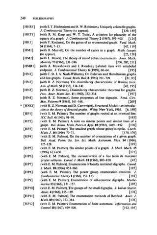 248 BIBLIOGRAPHY
[HHR1]
[HKT1]
[HK1]
[HM1]
[HM2]
[HMR1]
[HN1]
[HN2]
[HN3]
[HN4]
* [HNC1]
[HP1]
[HP2]
[HP3]
[HP4]
[HP5]
[HP6]
[HP7]
[HP8]
[HP9]
[HP10]
[HP11]
[HP12]
(with S. T. Hedetniemi and R. W. Robinson), Uniquely colorable graphs.
J. Combinatorial Theory (to appear). [139, 149]
(with R. M. Karp and W. T. Tutte), A criterion for planarity of the
square of a graph. J. Combinatorial Theory 2 (1967), 395-405. [124]
(with Y. Kodama), On the genus of an n-connected graph. Fund. Math.
54 (1964), 7-13. [47,119]
(with B. Manvel), On the number of cycles in a graph. Math, casopis
(to appear). [25,158]
(with L. Moser), The theory of round robin tournaments. Amer. Math.
Monthly 73 (1966), 231-246. [206, 207, 211]
(with A. Mowshowitz and J. Riordan), Labeled trees with unlabeled
endpoint. J. Combinatorial Theory 6 (1969), 60-64. [195]
(with C. St. J. A. Nash-Williams), On Eulerian and Hamiltonian graphs
and line-graphs. Canad. Math. Bull. 8 (1965), 701-709. ' [81,83]
(with R. Z. Norman), The dissimilarity characteristic of Husimi trees.
Ann. ofMath. 58 (1953), 134-141. [42,195]
(with R. Z. Norman), Dissimilarity characteristic theorems for graphs.
Proc. Amer. Math. Soc. II (1960), 332-334. [197]
(with R. Z. Norman), Some properties of line digraphs. Rend. Circ.
Mat. Palermo 9 (1961), 161-168. [209]
(with R. Z. Norman and D. Cartwright), Structural Models: an introduc­
tion to the theory ofdirected graphs. Wiley, New York, 1965. [6, 198]
(with E. M. Palmer), The number of graphs rooted at an oriented line.
ICC Bull. 4 (1965), 91-98. [195]
(with E. M. Palmer), A note on similar points and similar lines of a
graph. Rev. Roum. Math. Pures et Appl. 10 (1965), 1489-1492. [176]
(with E. M. Palmer), The smallest graph whose group is cyclic. Czech.
Math. J. 16 (1966), 70-71. [170, 176]
(with E. M. Palmer), On the number of orientations of a given graph.
Bull. Acad. Polon. Sci. Ser. Sci. Math. Astronom. Phys. 14 (1966),
125-128. [195]
(with E. M. Palmer), On similar points of a graph. J. Math. Mech. 15
(1966), 623-630. [171]
(with E. M. Palmer), The reconstruction of a tree from its maximal
proper subtrees. Canad. J. Math. 18 (1966), 803-810. [41]
(with E. M. Palmer), Enumeration of locally restricted digraphs. Canad.
J. Math. 18 (1966), 853-860. [195]
(with E. M. Palmer), The power group enumeration theorem. J.
Combinatorial Theory 1 (1966), 157-173. [191]
(with E. M. Palmer), Enumeration of self-converse digraphs. Mathe-
matika 13 (1966), 151-157. [195]
(with E. M. Palmer), The groups of the small digraphs. J. Indian Statist.
Assoc. 4 (1966), 155-169. [176]
(with E. M. Palmer), The enumeration methods of Redfield. Amer. J.
Math. 89 (1967), 373-384. [178]
(with E. M. Palmer), Enumeration of finite automata. Information and
Control 10 (1967), 499-508. [192, 195]
 