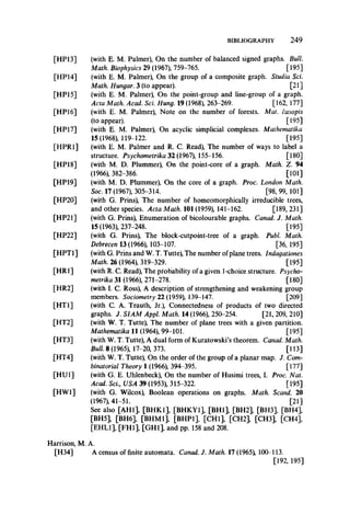 BIBLIOGRAPHY 249
[HP14]
[HP15]
[HPI6]
[HP17]
[HPR1]
[HP18]
[HP19]
[HP20]
[HP21]
[HP22]
[HPT1]
[HR1]
[HR2]
[HT1]
[HT2]
[HT3]
[HT4]
[HU1]
[HW1]
[HP13] (with E. M. Palmer), On the number of balanced signed graphs. Bull
Math. Biophysics 29 (1967), 759-765. [195]
(with E. M. Palmer), On the group of a composite graph. Studia Sci.
Math. Hungar. 3 (to appear). [21]
(with E. M. Palmer), On the point-group and line-group of a graph.
Acta Math. Acad. Sci. Hung. 19 (1968), 263-269. [162, 177]
(with E. M. Palmer), Note on the number of forests. Mat. casopis
(to appear). [195]
(with E. M. Palmer), On acyclic simplicial complexes. Mathematika
15(1968), 119-122. [195]
(with E. M. Palmer and R, C. Read), The number of ways to label a
structure. Psychometrika 32 (1967), 155-156. [180]
(with M. D. Plummer), On the point-core of a graph. Math. Z. 94
(1966), 382-386. [101]
(with M. D. Plummer), On the core of a graph. Proc. London Math.
Soc. 17 (1967), 305-314. [98, 99, 101]
(with G. Prins), The number of homeomorphically irreducible trees,
and other species. Acta Math. 101 (1959), 141-162. [189, 231]
(with G. Prins), Enumeration of bicolourable graphs. Canad. J. Math.
15 (1963), 237-248. [195]
(with G. Prins), The block-cutpoint-tree of a graph. Publ. Math.
Debrecen 13 (1966), 103-107. [36, 195]
(with G. Prins and W. T. Tutte), The number of plane trees. Indagationes
Math. 26 (1964), 319-329. [195]
(with R. C. Read), The probability of a given 1-choice structure. Psycho­
metrika 31 (1966), 271-278. [180]
(with I. C. Ross), A description of strengthening and weakening group
members. Sociometry 22 (1959), 139-147. [209]
(with C. A. Trauth, Jr.), Connectedness of products of two directed
graphs. J. SIAM Appl. Math. 14 (1966), 250-254. [21, 209, 210]
(with W. T. Tutte), The number of plane trees with a given partition.
Mathematika 11 (1964), 99-101. [195]
(with W. T. Tutte), A dual form of Kuratowski’s theorem. Canad. Math.
Bull. 8 (1965), 17-20, 373. [113]
(with W. T. Tutte), On the order of the group of a planar map. J. Com­
binatorial Theory 1 (1966), 394-395. [177]
(with G. E. Uhlenbeck), On the number of Husimi trees, I. Proc. Nat.
Acad. Sci., USA 39 (1953), 315-322. [195]
(with G. Wilcox), Boolean operations on graphs. Math. Scand. 20
(1967), 41-51. [21]
See also [AH1], [BHK1], [BHKY1], [BH1], [BH2], [BH3], [BH4],
[BH5], [BH6], [BHM1], [BHP1], [CHI], [CH2], [CH3], [CH4],
[EHL1], [FH1], [GH1], and pp. 158 and 208.
Harrison, M. A.
[H34] A census of finite automata. Canad. J. Math. 17 (1965), 100-113.
[192, 195]
 