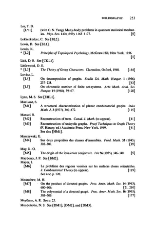 BIBLIOGRAPHY 25 3
Lee, T. D.
[LY1] (with C. N. Yang), Many-body problems in quantum statistical mechan­
ics. Phys. Rev. 113 (1959), 1165-1177. [6]
Lekkerkerker, C. See [BL2].
Lewis, D. See [BL1].
Lewin, K.
* [L2] Principles of Topological Psychology, McGraw-Hill, New York, 1936.
[5]
Lick, D. R. See [CKL1].
Littlewood, D. E.
* [L3] The Theory of Group Characters. Clarendon, Oxford, 1940. [164]
Lovasz, L.
[L4] On decomposition of graphs. Studia Sci. Math. Hungar. 1 (1966),
237-238. [63]
[L5] On chromatic number of finite set-systems. Acta Math. Acad. Sci.
Hungar. 19 (1968), 59-67. [128]
Lynn, M.S. See [EHL1].
MacLane, S.
[M l] A structural characterization of planar combinatorial graphs. Duke
Math. J. 3 (1937), 340-472. [115]
Manvel, B.
[M2] Reconstruction of trees. Canad. J. Math, (to appear). [41]
[M3] Reconstruction of unicyclic graphs. Proof Techniques in Graph Theory
(F. Harary, ed.) Academic Press, New York, 1969. [41]
See also [HM1].
Marczewski, E.
[M4] Sur deux proprietes des classes d’ensembles. Fund. Math. 33 (1945),
303-307. [19]
May, K. O.
[M5] The origin of the four-color conjecture. Isis 56 (1965), 346-348. [5]
Mayberry, J. P. See [BM2].
Mayer, J.
[M6] Le probleme des regions voisines sur les surfaces closes orientables.
J. Combinatorial Theory (to appear). [119]
See also p. 120.
McAndrew, M. H.
[M7] On the product of directed graphs. Proc. Amer. Math. Soc. 14 (1963),
600-606. [21,210]
[M8] The polynomial of a directed graph. Proc. Amer. Math. Soc. 16 (1965),
303-309. [177]
Meetham, A. R. See p. 25.
Mendelsohn, N. S. See [DM1], [DM2], and [DM3].
 