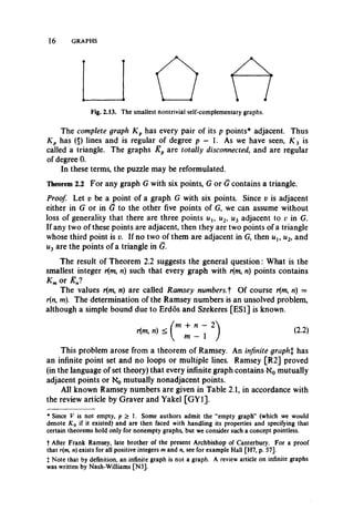 16 GRAPHS
Fig. 2.13. The smallest nontrivial self-complementary graphs.
The complete graph K p has every pair of its p points* adjacent. Thus
Kp has (5) lines and is regular of degree p — 1. As we have seen, K 3 is
called a triangle. The graphs Kp are totally disconnected, and are regular
of degree 0.
In these terms, the puzzle may be reformulated.
Theorem 2.2 For any graph G with six points, G or G contains a triangle.
Proof. Let v be a point of a graph G with six points. Since v is adjacent
either in G or in G to the other five points of G, we can assume without
loss of generality that there are three points uu u2, w3 adjacent to v in G.
If any two of these points are adjacent, then they are two points of a triangle
whose third point is v. If no two of them are adjacent in G, then uu n2, and
u3 are the points of a triangle in G.
The result of Theorem 2.2 suggests the general question: What is the
smallest integer r(ro, n) such that every graph with r(m, n) points contains
K mor K„1
The values r(m, n) are called Ramsey numbersf Of course r(m, n) =
r(n, m). The determination of the Ramsey numbers is an unsolved problem,
although a simple bound due to Erdos and Szekeres [ESI] is known.
( m + n — 2 
* ”•">4 -"-I )
This problem arose from a theorem of Ramsey. An infinite graph% has
an infinite point set and no loops or multiple lines. Ramsey [R2] proved
(in the language of set theory) that every infinite graph contains K0 mutually
adjacent points or K0 mutually nonadjacent points.
All known Ramsey numbers are given in Table 2.1, in accordance with
the review article by Graver and Yakel [GY1].
* Since V is not empty, p > 1. Some authors admit the “empty graph” (which we would
denote K0 if it existed) and are then faced with handling its properties and specifying that
certain theorems hold only for nonempty graphs, but we consider such a concept pointless.
t After Frank Ramsey, late brother of the present Archbishop of Canterbury. For a proof
that r(m, n) exists for all positive integers mand n, see for example Hall [H7, p. 57].
t Note that by definition, an infinite graph is not a graph. A review article on infinite graphs
was written by Nash-Williams [N3].
 