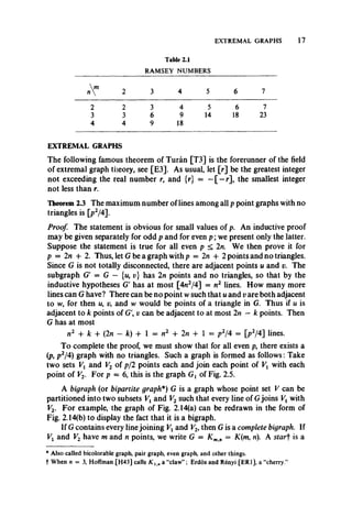 EXTREMAL GRAPHS 17
Table 2.1
RAMSEY NUMBERS
«m 2 3 4 5 6 7
2 2 3 4 5 6 7
3 3 6 9 14 18 23
4 4 9 18
EXTREMAL GRAPHS
The following famous theorem of Turan [T3] is the forerunner of the field
of extremal graph theory, see [E3]. As usual, let [r] be the greatest integer
not exceeding the real number r, and {r} = —[ —r], the smallest integer
not less than r.
Theorem 2.3 The maximum number of lines among all p point graphs with no
triangles is [p2/4].
Proof. The statement is obvious for small values of p. An inductive proof
may be given separately for odd p and for even p ; we present only the latter.
Suppose the statement is true for all even p < 2n. We then prove it for
p = In + 2. Thus, let G be a graph with p = In + 2 points and no triangles.
Since G is not totally disconnected, there are adjacent points u and v. The
subgraph G' = G — {u, v} has 2n points and no triangles, so that by the
inductive hypotheses G' has at most [4n2/4] = n2 lines. How many more
lines can G have? There can be no point w such that u and v are both adjacent
to w, for then u, v9and w would be points of a triangle in G. Thus if u is
adjacent to k points of G', v can be adjacent to at most 2n — k points. Then
G has at most
n2 + k 4- (2n — k) + 1 = n2 + In -f 1 = p2j4 = [p2/4] lines.
To complete the proof, we must show that for all even p, there exists a
(p, p2/4) graph with no triangles. Such a graph is formed as follows: Take
two sets Vx and V2 of p/2 points each and join each point of Vt with each
point of V2. For p = 6, this is the graph G{ of Fig. 2.5.
A bigraph (or bipartite graph*) G is a graph whose point set V can be
partitioned into two subsets Vl and V2 such that every line of Gjoins Vx with
V2. For example, the graph of Fig. 2.14(a) can be redrawn in the form of
Fig. 2.14(b) to display the fact that it is a bigraph.
If G contains every line joining Vxand V2, then G is a complete bigraph. If
Vx and V2 have m and n points, we write G = Kmn = K(m, n). A starf is a
* Also called bicolorable graph, pair graph, even graph, and other things,
t When n —3, Hoffman [H43] calls Kl na “claw”; Erdos and Renyi [ER1], a “cherry.”
 
