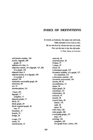 INDEX OF DEFINITIONS
In words, as fashions, the same rule will hold,
Alike fantastic if too new or old;
Be not the first by whom the new are tried,
Nor yet the last to lay the old aside.
A. Pope, Essay on C riticism
achromatic number, 144
acyclic, digraph, 200
graph, 32
addition of a line, 11
adjacency matrix, of a digraph, 151,202
of a graph, 150
adjacent lines, 9
adjacent points, in a digraph, 198
in a graph, 9
animal, 194
arbitrarily traversable graph, 69
arboricity, 90
arc, 10
automorphism, 161
1-basis, 202
bigraph, 17
complete, 17
bipartite graph, 17
block, 26
block graph, 29
block-cutpoint graph, 36
tree, 37
boundary, 37
branch,35
bridge, 26
n-cage, 174
center, 35
central point, 35
centroid, 36
centroid point, 36
0-chain, 37
1-chain, 37
chord, 38
^-chromatic graph, 127
chromatic number, of a graph, 127
of a manifold, 135
^-chromatic number, 149
chromatic polynomial, 146
circuits, 40, 41
circumference, 13
clique, 20
clique graph, 20
coarseness, 121
coboundary, 38
cocircuit, 41
cocycle, 38
cocycle basis, 38
matrix, 155
rank, 39
space, 38
color class, 126
color-graph, 168
w-colorable graph, 127
map, 131
coloring, 126
complete, 143
of a graph from t colors, 145
269
 