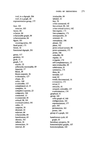 INDEX OF DEFINITIONS
trail, in a digraph, 204
trail, in a graph, 64
exponentiation group, 177
face, 103
exterior, 103
factor, 84
n-factor, 84
//-factorable graph, 84
//-factorization, 84
figure, 181
counting series, 182
fixed point, 171
forest, 32
functional digraph, 201
genus, 117
geodesic, 14
girth, 13
graph, 7, 9
acyclic, 32
arbitrarily traversable, 69
bipartite, 17
block, 29
block-cutpoint, 36
/7-chromatic, 127
clique, 20
color-, 168
//-colorable, 127
complement of, 15
complete, 16
complete //-partite, 23
composite, 166
connected, 13
//-connected, 45
critical, 98, 141
//-critical (color), 141
cubic, 15
cutpoint, 30
directed, 10
eulerian, 64
^-factorable, 84
hamiltonian, 65
identity, 161
infinite, 16
intersection, 19
interval, 20
irreducible, 99
labeled, 10
line, 70
//-line connected, 45
line-critical, 98, 142
/7-line critical (color), 142
line-regular, 171
line-symmetric, 171
nonseparable, 26
oriented, 10
outerplanar, 106
planar, 102
plane, 102
point critical (cover), 98
point-symmetric, 171
prime, 166
reducible, 99
regular, 14
/i-regular, 174
self-complementary, 15
semi-irreducible, 99
subdivision, 81
symmetric, 171
theta, 66
toroidal, 117
total, 82
totally disconnected, 16
«-transitive, 173
trivial, 9
unicyclic, 41
uniquely colorable, 137
«-unitransitive, 174
graphoid, 41
group,160
color graph of, 168
configuration, 181
exponentiation, 177
pair, 185
permutation, 161
power, 164
group of a graph, 161
hamiltonian cycle, 65
graph,65
hereditary property, 96
homeomorphic graphs, 107
homomorphism, 143
 