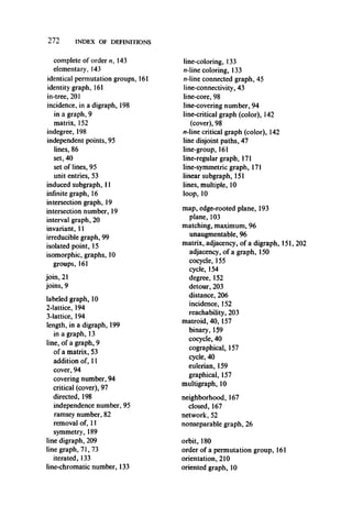 272 INDEX OF DEFINITIONS
complete of order n, 143
elementary, 143
identical permutation groups, 161
identity graph, 161
in-tree, 201
incidence, in a digraph, 198
in a graph, 9
matrix, 152
indegree, 198
independent points, 95
lines, 86
set, 40
set of lines, 95
unit entries, 53
induced subgraph, 11
infinite graph, 16
intersection graph, 19
intersection number, 19
interval graph, 20
invariant, 11
irreducible graph, 99
isolated point, 15
isomorphic, graphs, 10
groups, 161
join, 21
joins, 9
labeled graph, 10
2-lattice, 194
3-lattice, 194
length, in a digraph, 199
in a graph, 13
line, of a graph, 9
of a matrix, 53
addition of, 11
cover, 94
covering number, 94
critical (cover), 97
directed, 198
independence number, 95
ramsey number, 82
removal of, 11
symmetry, 189
line digraph, 209
line graph, 71, 73
iterated, 133
line-chromatic number, 133
line-coloring, 133
n-line coloring, 133
n-line connected graph, 45
line-connectivity, 43
line-core, 98
line-covering number, 94
line-critical graph (color), 142
(cover), 98
w-line critical graph (color), 142
line disjoint paths, 47
line-group, 161
line-regular graph, 171
line-symmetric graph, 171
linear subgraph, 151
lines, multiple, 10
loop, 10
map, edge-rooted plane, 193
plane, 103
matching, maximum, 96
unaugmentable, 96
matrix, adjacency, of a digraph, 151, 202
adjacency, of a graph, 150
cocycle, 155
cycle, 154
degree, 152
detour, 203
distance, 206
incidence, 152
reachability, 203
matroid, 40, 157
binary, 159
cocycle, 40
cographical, 157
cycle, 40
eulerian, 159
graphical, 157
multigraph, 10
neighborhood, 167
closed, 167
network, 52
nonseparable graph, 26
orbit, 180
order of a permutation group, 161
orientation, 210
oriented graph, 10
 