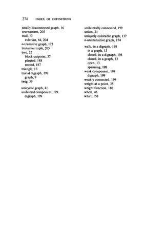 274 INDEX OF DEFINITIONS
totally disconnected graph, 16
tournament, 205
trail, 13
eulerian, 64, 204
/i-transitive graph, 173
transitive triple, 205
tree, 32
block-cutpoint, 37
planted, 188
rooted, 187
triangle, 13
trivial digraph, 199
graph, 9
twig, 39
unicyclic graph, 41
unilateral component, 199
digraph, 199
unilaterally connected, 199
union, 21
uniquely colorable graph, 137
n-unitransitive graph, 174
walk, in a digraph, 198
in a graph, 13
closed, in a digraph, 198
closed, in a graph, 13
open, 13
spanning, 198
weak component, 199
digraph, 199
weakly connected, 199
weight at a point, 35
weight function, 180
wheel, 46
whirl, 158
 
