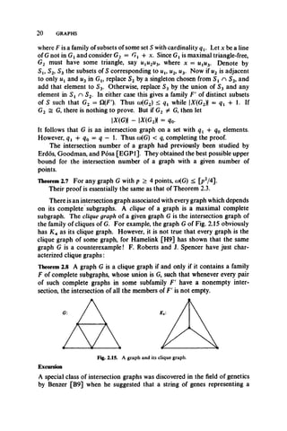 2 0 GRAPHS
where F is a family of subsets of some set S with cardinality qt. Let x be a line
of G not in Gj and consider G2 = Gx + x. Since Gt is maximal triangle-free,
G2 must have some triangle, say ulu2w3, where x = uxu3. Denote by
S l9 S2, S3 the subsets of S corresponding to ul9 u2, u3. Now if u2 is adjacent
to only uv and u3 in Gu replace S2 by a singleton chosen from S t n S2, and
add that element to S3. Otherwise, replace S3 by the union of S3 and any
element in S t n S2. In either case this gives a family F' of distinct subsets
of S such that G2 = G(F'). Thus co(G2) < qt while X(G2) = q { + 1. If
G2 £ G, there is nothing to prove. But if G2 ^ G, then let
X(G) - X(G2) = q0.
It follows that G is an intersection graph on a set with qt + q0 elements.
However, qx + q0 = q - 1. Thus co(G) < q, completing the proof.
The intersection number of a graph had previously been studied by
Erdos, Goodman, and Posa [EGP1]. They obtained the best possible upper
bound for the intersection number of a graph with a given number of
points.
Theorem 2.7 For any graph G with p > 4 points, cu(G) < [p2/4].
Their proof is essentially the same as that of Theorem 2.3.
There is an intersection graph associated with every graph which depends
on its complete subgraphs. A clique of a graph is a maximal complete
subgraph. The clique graph of a given graph G is the intersection graph of
the family of cliques of G. For example, the graph G of Fig. 2.15 obviously
has K 4 as its clique graph. However, it is not true that every graph is the
clique graph of some graph, for Hamelink [H9] has shown that the same
graph G is a counterexample! F. Roberts and J. Spencer have just char­
acterized clique graphs:
Theorem 2.8 A graph G is a clique graph if and only if it contains a family
F of complete subgraphs, whose union is G, such that whenever every pair
of such complete graphs in some subfamily F ' have a nonempty inter­
section, the intersection of all the members of F' is not empty.
Fig. 2.15. A graph and its clique graph.
Excursion
A special class of intersection graphs was discovered in the field of genetics
by Benzer [B9] when he suggested that a string of genes representing a
 