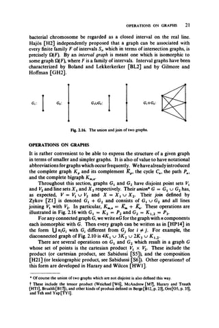 OPERATIONS ON GRAPHS 21
bacterial chromosome be regarded as a closed interval on the real line.
Hajos [H2] independently proposed that a graph can be associated with
every finite family F of intervals Si9which in terms of intersection graphs, is
precisely Q(F). By an interval graph is meant one which is isomorphic to
some graph Q(F), where F is a family of intervals. Interval graphs have been
characterized by Boland and Lekkerkerker [BL2] and by Gilmore and
Hoffman [GH2].
Fig. 2.16. The union andjoin of two graphs.
OPERATIONS ON GRAPHS
It is rather convenient to be able to express the structure of a given graph
in terms of smaller and simpler graphs. It is also of value to have notational
abbreviations for graphs which occur frequently. We have already introduced
the complete graph K p and its complement Xp, the cycle C„, the path Pn,
and the complete bigraph K mn.
Throughout this section, graphs Gx and G2 have disjoint point sets Vx
and V2 and line sets X x and X 2 respectively. Their union* G = Gx u G2 has,
as expected, V = Vx u V2 and X = X x u X 2- Their join defined by
Zykov [Z l] is denoted Gx + G2 and consists of Gx u G2 and all lines
joining Vx with V2. In particular, K mn = Km + Kn. These operations are
illustrated in Fig. 2.16 with Gx = K 2 = P2 and G2 = K X2 = P 3.
For any connected graph G, we write nG for the graph with n components
each isomorphic with G. Then every graph can be written as in [HP14] in
the form U nfii with Gf different from Gj for i ^ j . For example, the
disconnected graph of Fig. 2.10 is 4K x u 3K 2 u 2K Z u K l 2.
There are several operations on Gx and G2 which result in a graph G
whose set of points is the cartesian product Vx x V2. These include the
product (or cartesian product, see Sabidussi [S5]), and the composition
[H21] (or lexicographic product, see Sabidussi [S6]). Other operationsf of
this form are developed in Harary and Wilcox [HW1].
*Ofcourse the union of two graphs which are not disjoint is also defined this way.
t These include the tensor product (Weichsel [W6J, MeAndrew [M7], Harary and Trauth
[HT1], Brualdi[Bl7|), and other kinds of product defined in Berge[B12, p. 23], 0re[05, p. 35],
and Teh and YapfTYl].
 