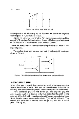 36 TREES
Fig. 4.3. The weights at the points of a tree.
nonendpoints of the tree in Fig. 4.3 are indicated. Of course the weight at
each endpoint is 14, the number of lines.
A point v is a centroid point of a tree T if v has minimum weight, and the
centroid of T consists of all such points. Jordan [J2] also proved a theorem
on the centroid of a tree analogous to his result for centers.
Theorem 4.3 Every tree has a centroid consisting of either one point or two
adjacent points.
The smallest trees with one and two central and centroid points are
shown in Fig. 4.4.
1
Centroid
2
Fig. 4.4. Trees with all combinations of one or two central and centroid points.
BLOCK-CUTPOINT TREES
It has often been observed that a connected graph with many cutpoints
bears a resemblance to a tree. This idea can be made more definite by as­
sociating with every connected graph a tree which displays the resemblance.
For a connected graph G with blocks {£,} and cutpoints {<;,}, the
block-cutpoint graph of G, denoted by bc(G), is defined as the graph having
point set {£J u {cj}, with two points adjacent if one corresponds to a block
Bi and the other to a cutpoint Cj and Cj is in £ f. Thus bc(G) is a bigraph. This
concept was introduced in Harary and Prins [HP22] and also in Gallai
[G3]. (See Fig. 4.5.)
1 Center 2
•
— <
— <
 