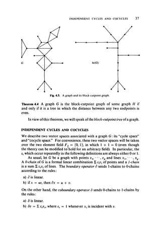 INDEPENDENT CYCLES AND COCYCLES 37
Fig. 4.5. A graph and its block-cutpoint graph.
Theorem 4.4 A graph G is the block-cutpoint graph of some graph H if
and only if it is a tree in which the distance between any two endpoints is
even.
In view ofthis theorem, we will speak of the block-cutpoint tree of a graph.
INDEPENDENT CYCLES AND COCYCLES
We describe two vector spaces associated with a graph G : its “cycle space”
and “cocycle space.” For convenience, these two vector spaces will be taken
over the two element field F2 = {0, 1}*, in which 1 + 1 = 0 (even though
the theory can be modified toehold for an arbitrary field). In particular, the
which occur repeatedly in the following definitions are always either 0 or 1.
As usual, let G be a graph with points vl9 • **, vp and lines x l9 • • *, xq.
A 0-chain of G is a formal linear combination E of points and a 1-chain
is a sum E e.x, of lines. The boundary operator d sends 1-chains to 0-chains
according to the rules:
a) d is linear.
b) if x = uv, then dx = u + v.
On the other hand, the coboundary operator S sends 0-chains to 1-chains by
the rules:
a) 5 is linear.
b) Sv = E e{x h where e* = 1 whenever x, is incident with v.
 