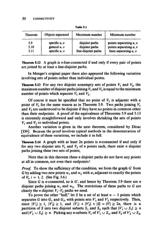 50 CONNECTIVITY
Table 5.1
Theorem Objects separated Maximum number Minimum number
5.9 specific m, v disjoint paths points separating w, v
5.10 general w, v disjoint paths points separating u, v
5.11 specific uf v line-disjoint paths lines separating u, v
Theorem 5.12 A graph is n-line-connected if and only if every pair of points
are joined by at least n line-disjoint paths.
In Menger’s original paper there also appeared the following variation
involving sets of points rather than individual points.
Theorem 5.13 For any two disjoint nonempty sets of points Vx and the
maximum number ofdisjoint paths joining Vxand V2is equal to the minimum
number of points which separate Vx and V2.
Of course it must be specified that no point of Vx is adjacent with a
point of V2 for the same reason as in Theorem 5.9. Two paths joining Vx
and V2 are understood to be disjoint if they have no points in common other
than their endpoints. A proof of the equivalence of Theorems 5.9 and 5.13
is extremely straightforward and only involves shrinking the sets of points
Vx and V2 to individual points.
Another variation is given in the next theorem, considered by Dirac
[D9]. Because the proof involves typical methods in the demonstration of
equivalence of these variations, we include it in full.
Theorem 5.14 A graph with at least 2n points is n-connected if and only if
for any two disjoint sets Vx and V2 of n points each, there exist n disjoint
paths joining these two sets of points.
Note that in this theorem these n disjoint paths do not have any points
at all in common, not even their endpoints!
Proof, To show the sufficiency of the condition, we form the graph G' from
G by adding two new points wx and w2 with vvfadjacent to exactly the points
of Vi9 i = 1, 2. (See Fig. 5.6.)
Since G is n-connected, so is G', and hence by Theorem 5.9 there are n
disjoint paths joining wt and w2. The restrictions of these paths to G are
clearly the n disjoint Vx-V2 paths we need.
To prove the other “half,” let S be a set of at least n — 1 points which
separates G into Gx and G2, with points sets V and V2 respectively. Then,
since V > 1, V'2 > 1, and V + V2 + S = V > 2n, there is a
partition of S into two disjoint subsets S x and S2 such that V u S x > n
and |V2 u S2| ^ ft. Picking any n-subsets Vx of Vj u S X9and V2 of V’2 u S2,
 