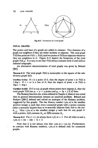 82 LINE GRAPHS
TOTAL GRAPHS
The points and lines of a graph are called its elements. Two elements of a
graph are neighbors if they are either incident or adjacent. The total graph
T(G) has point set V(G) u X(G  and two points of T(G) are adjacent whenever
they are neighbors in G. Figure 8.13 depicts the formation of the total
graph T(K 3). It is easy to see that T(G) always contains both G and L(G) as
induced subgraphs.
An alternative characterization of total graphs was given by Behzad
[B4].
Theorem 8.12 The total graph T(G) is isomorphic to the square of the sub­
division graph 5(G).
Corollary 8.12(a) If v is a point of G, then the degree of point v in T(G) is
2 deg v. If x = uv is a line of G, then the degree of point x in T(G) is
deg u + deg v.
Corollary 8.12(b) If G is a (p, q) graph whose points have degrees dh then the
total graph T(G) has pT = p -f q points and qT = 2q + ^ £ df lines.
The Ramsey function r(m, n) was defined in Chapter 2, where it was noted
that its general determination remains an unsolved problem. Behzad and
Radjavi [BR1] defined and solved an analogue of the Ramsey problem,
suggested by line graphs. The line Ramsey number r^m, n) is the smallest
positive integer p such that every connected graph with p points contains
either n mutually disjoint lines or m mutually adjacent lines, that is, the star
K l m. Thus r^m, n) is the smallest integer p such that for any graph G
with p points, L(G) contains K mor L(G) contains K„.
Theorem 8.13 For n > 1, we always have rj(2, n) = 3. For all other m and w,
rj(m, ri) = (m — l)(n - 1) 4- 2.
Note that it is not always true that rt(m, n) = rt(n, m). Furthermore,
in contrast with Ramsey numbers, r^m^n) is defined only for connected
graphs.
 