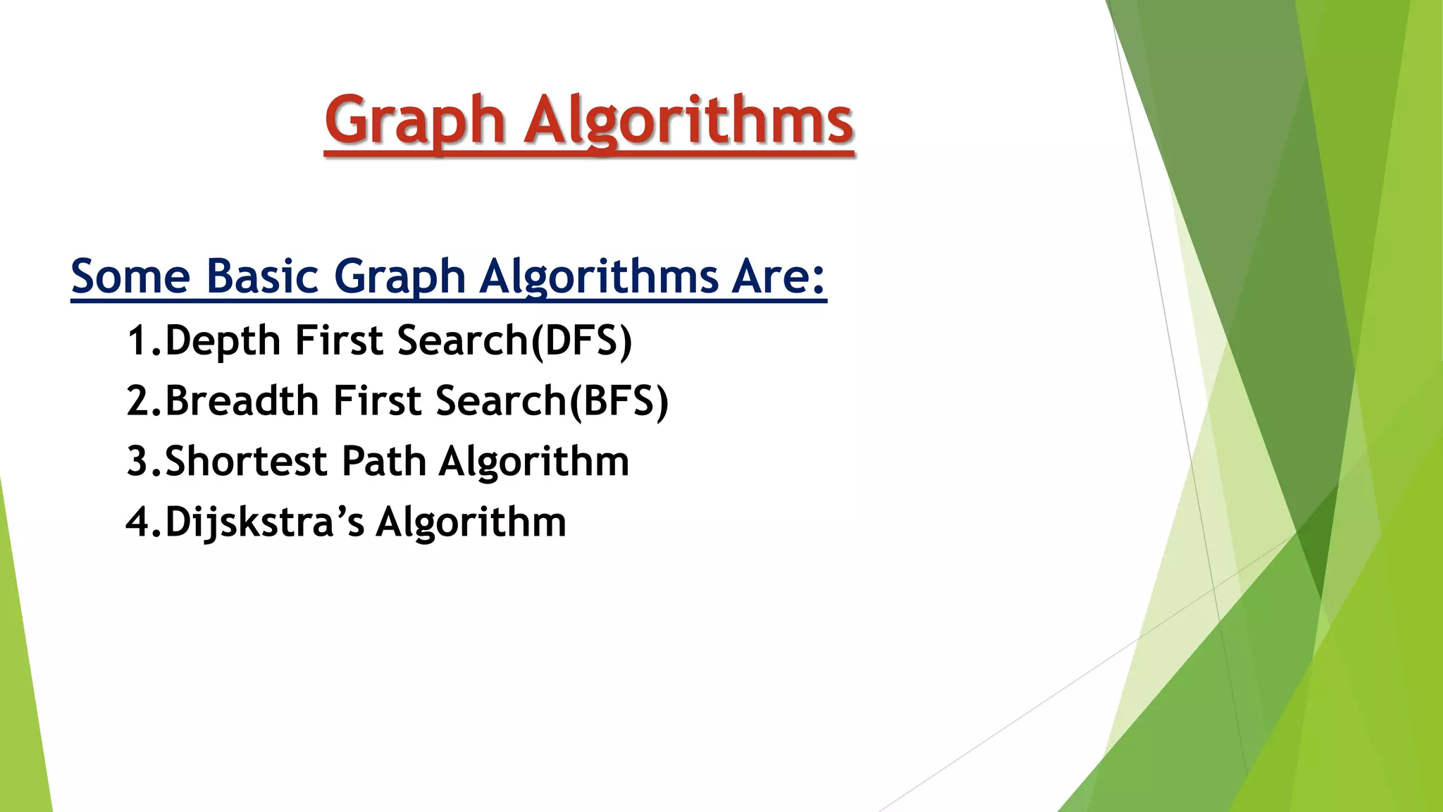 Graph Algorithms
Some Basic Graph Algorithms Are:
1.Depth First Search(DFS)
2.Breadth First Search(BFS)
3.Shortest Path Algorithm
4.Dijskstra’s Algorithm
 