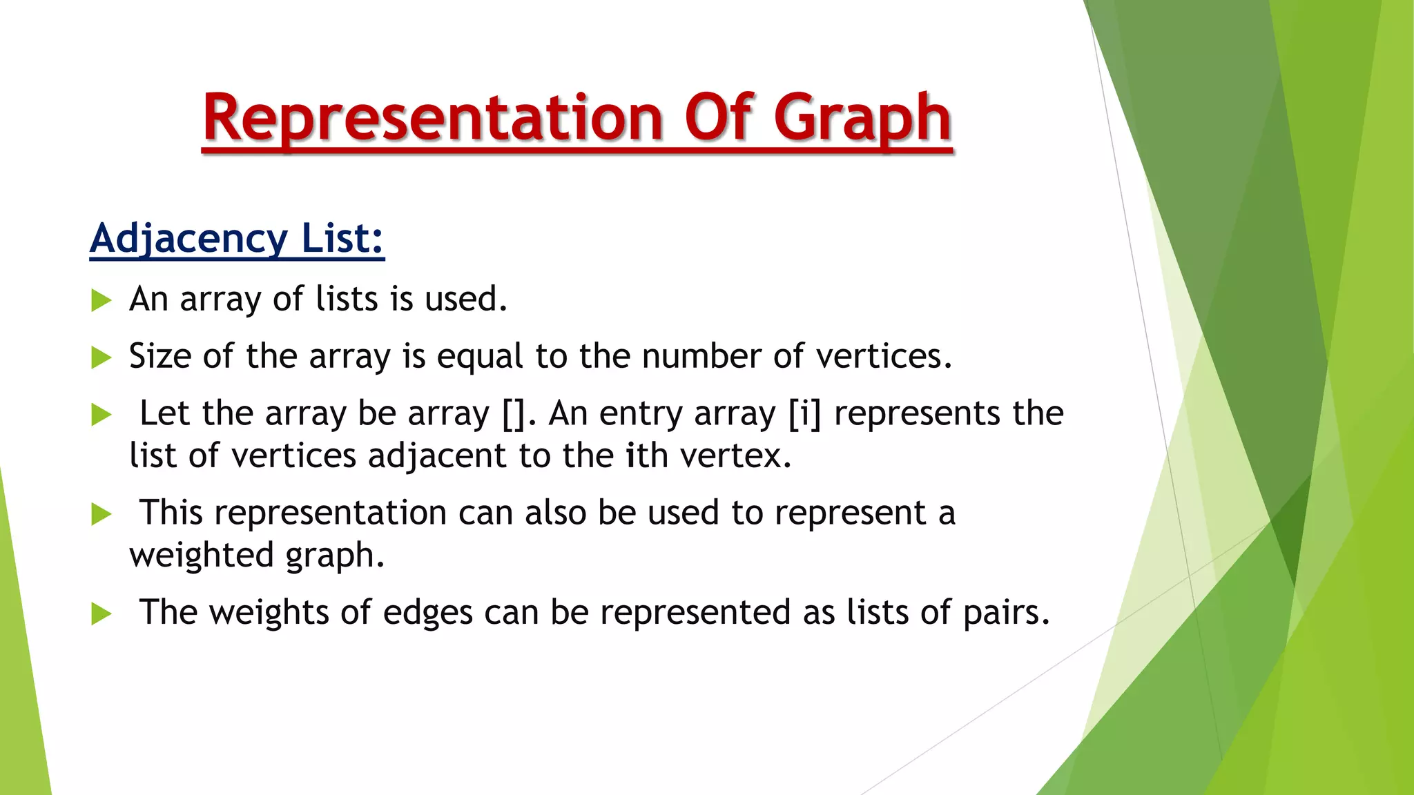 Representation Of Graph
Adjacency List:
 An array of lists is used.
 Size of the array is equal to the number of vertices.
 Let the array be array []. An entry array [i] represents the
list of vertices adjacent to the ith vertex.
 This representation can also be used to represent a
weighted graph.
 The weights of edges can be represented as lists of pairs.
 