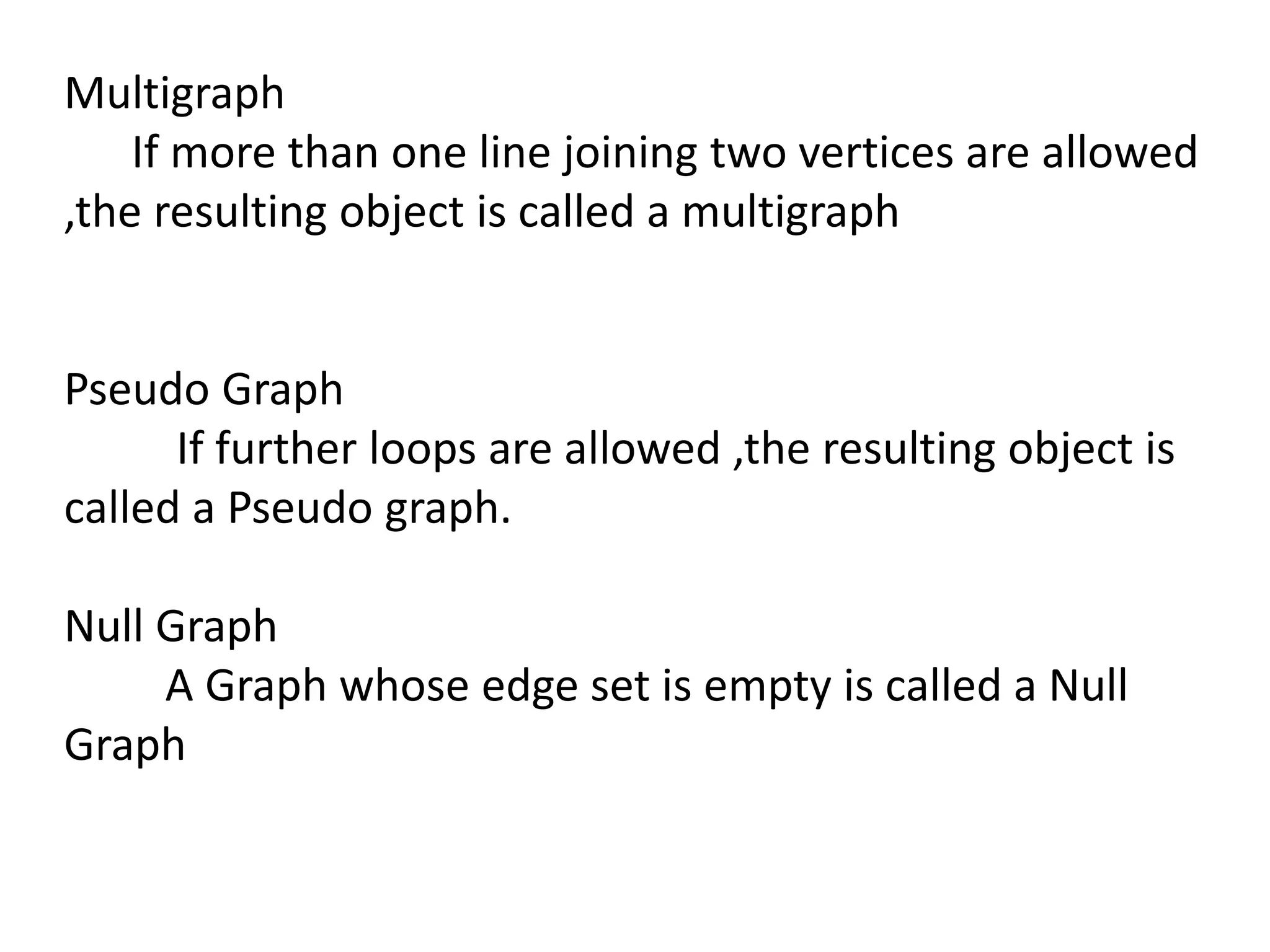 Multigraph
If more than one line joining two vertices are allowed
,the resulting object is called a multigraph
Pseudo Graph
If further loops are allowed ,the resulting object is
called a Pseudo graph.
Null Graph
A Graph whose edge set is empty is called a Null
Graph
 