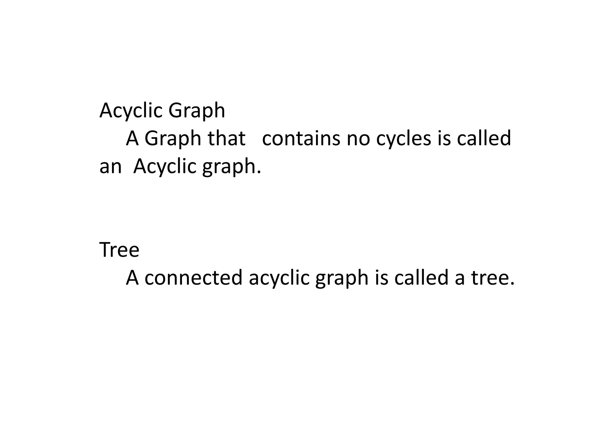 Acyclic Graph
A Graph that contains no cycles is called
an Acyclic graph.
Tree
A connected acyclic graph is called a tree.
 