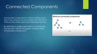 Connected Components
Connected component is a set of vertices such
that if you choose any two nodes from the set of
Vertices then there exists path between the two.
By definition a single node itself is a connected
Component. Hence the graph contains three
Connected components.
 