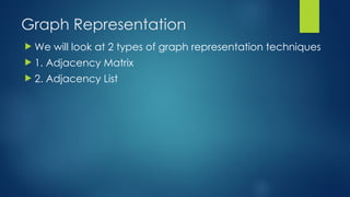 Graph Representation
 We will look at 2 types of graph representation techniques
 1. Adjacency Matrix
 2. Adjacency List
 