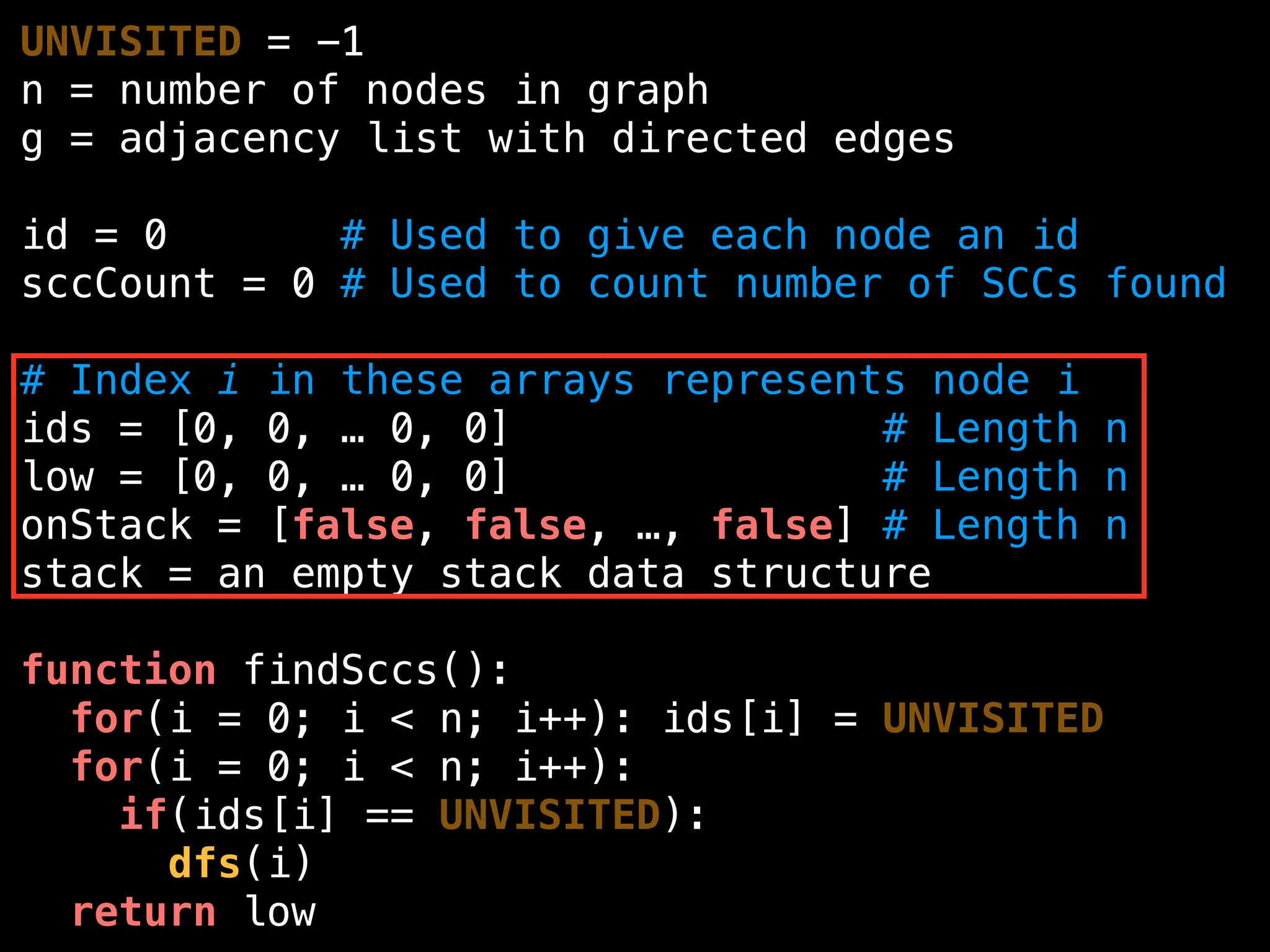 UNVISITED = -1
n = number of nodes in graph
g = adjacency list with directed edges
id = 0 # Used to give each node an id
sccCount = 0 # Used to count number of SCCs found
# Index i in these arrays represents node i
ids = [0, 0, … 0, 0] # Length n
low = [0, 0, … 0, 0] # Length n
onStack = [false, false, …, false] # Length n
stack = an empty stack data structure
function findSccs():
for(i = 0; i < n; i++): ids[i] = UNVISITED
for(i = 0; i < n; i++):
if(ids[i] == UNVISITED):
dfs(i)
return low
 