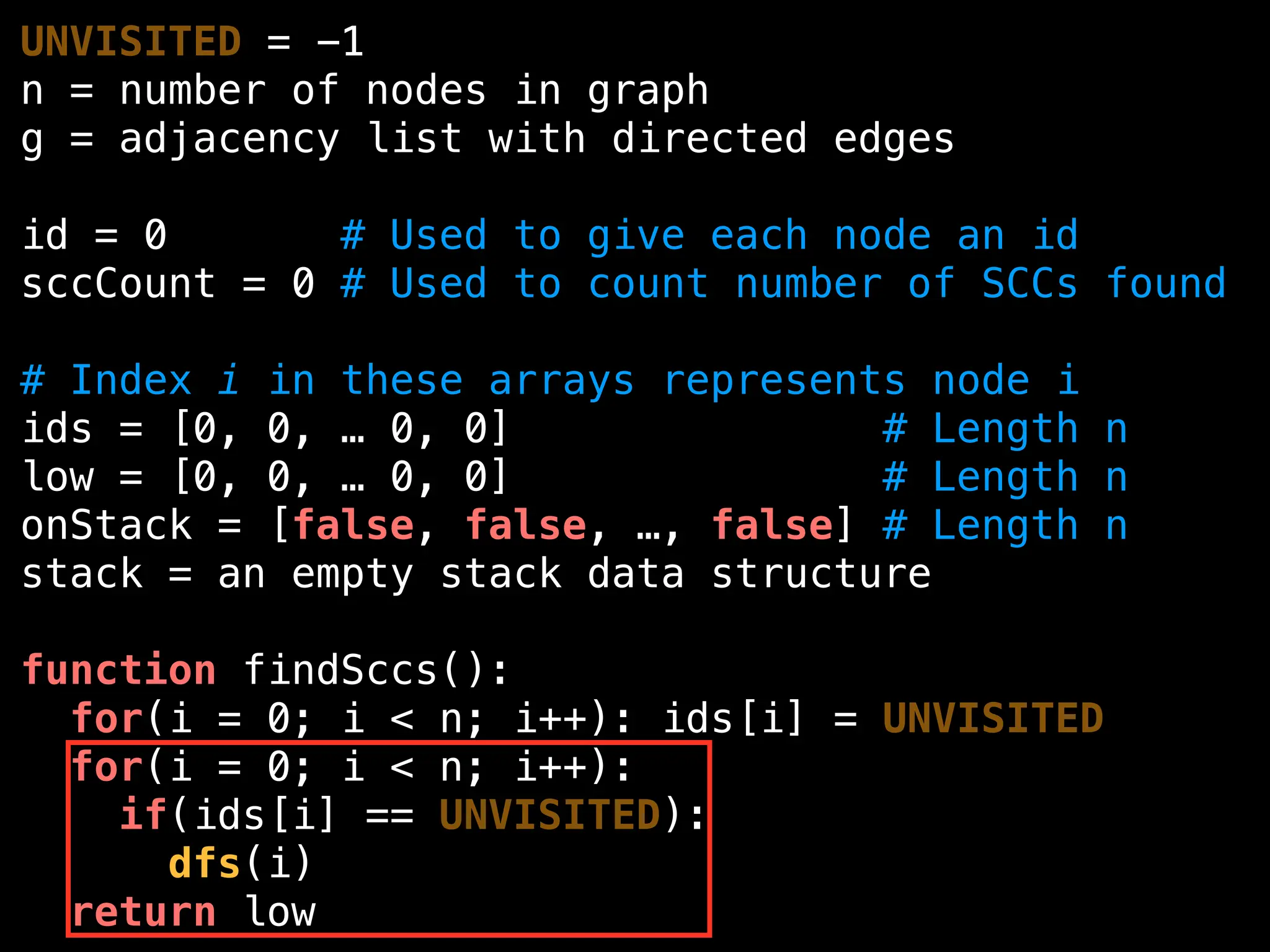 UNVISITED = -1
n = number of nodes in graph
g = adjacency list with directed edges
id = 0 # Used to give each node an id
sccCount = 0 # Used to count number of SCCs found
# Index i in these arrays represents node i
ids = [0, 0, … 0, 0] # Length n
low = [0, 0, … 0, 0] # Length n
onStack = [false, false, …, false] # Length n
stack = an empty stack data structure
function findSccs():
for(i = 0; i < n; i++): ids[i] = UNVISITED
for(i = 0; i < n; i++):
if(ids[i] == UNVISITED):
dfs(i)
return low
 