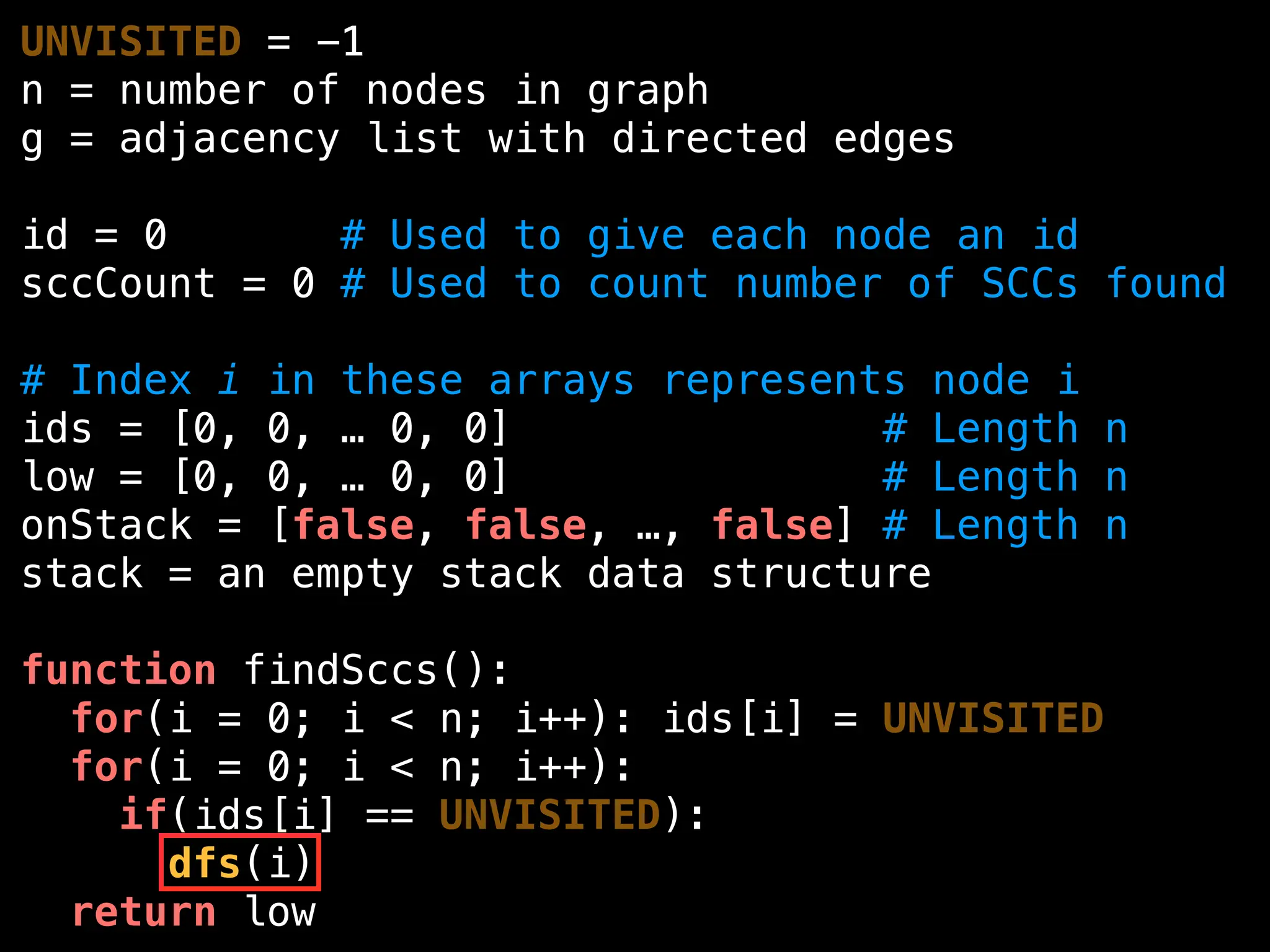 UNVISITED = -1
n = number of nodes in graph
g = adjacency list with directed edges
id = 0 # Used to give each node an id
sccCount = 0 # Used to count number of SCCs found
# Index i in these arrays represents node i
ids = [0, 0, … 0, 0] # Length n
low = [0, 0, … 0, 0] # Length n
onStack = [false, false, …, false] # Length n
stack = an empty stack data structure
function findSccs():
for(i = 0; i < n; i++): ids[i] = UNVISITED
for(i = 0; i < n; i++):
if(ids[i] == UNVISITED):
dfs(i)
return low
 