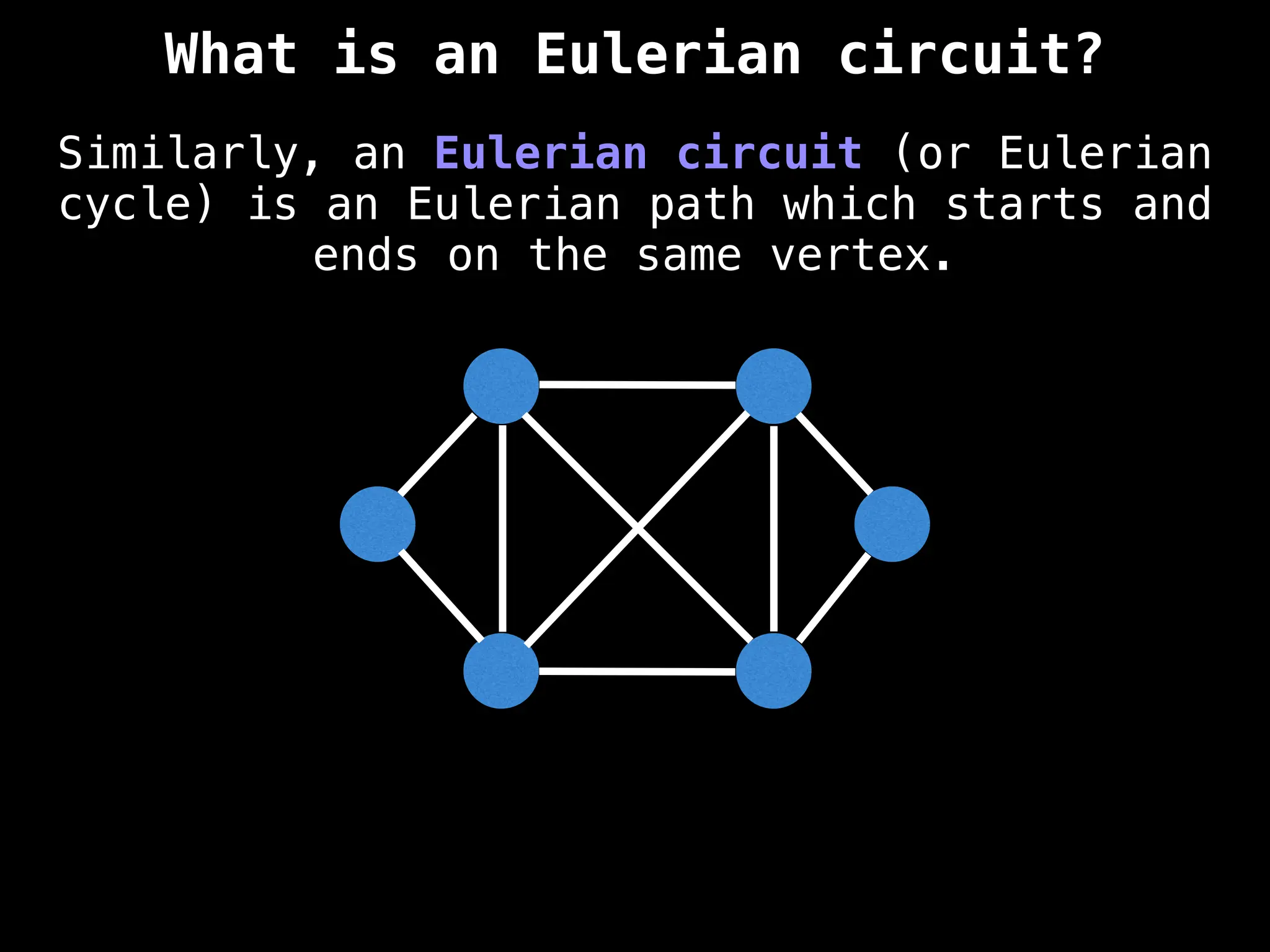 Similarly, an Eulerian circuit (or Eulerian
cycle) is an Eulerian path which starts and
ends on the same vertex.
What is an Eulerian circuit?
 