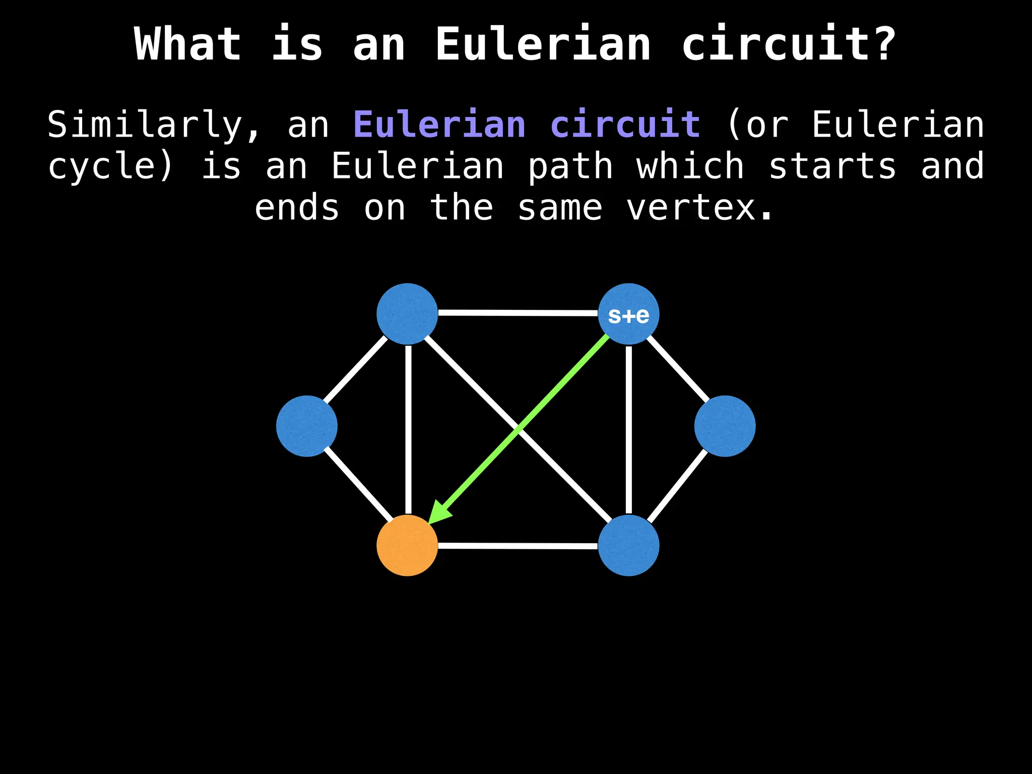 Similarly, an Eulerian circuit (or Eulerian
cycle) is an Eulerian path which starts and
ends on the same vertex.
s+e
What is an Eulerian circuit?
 