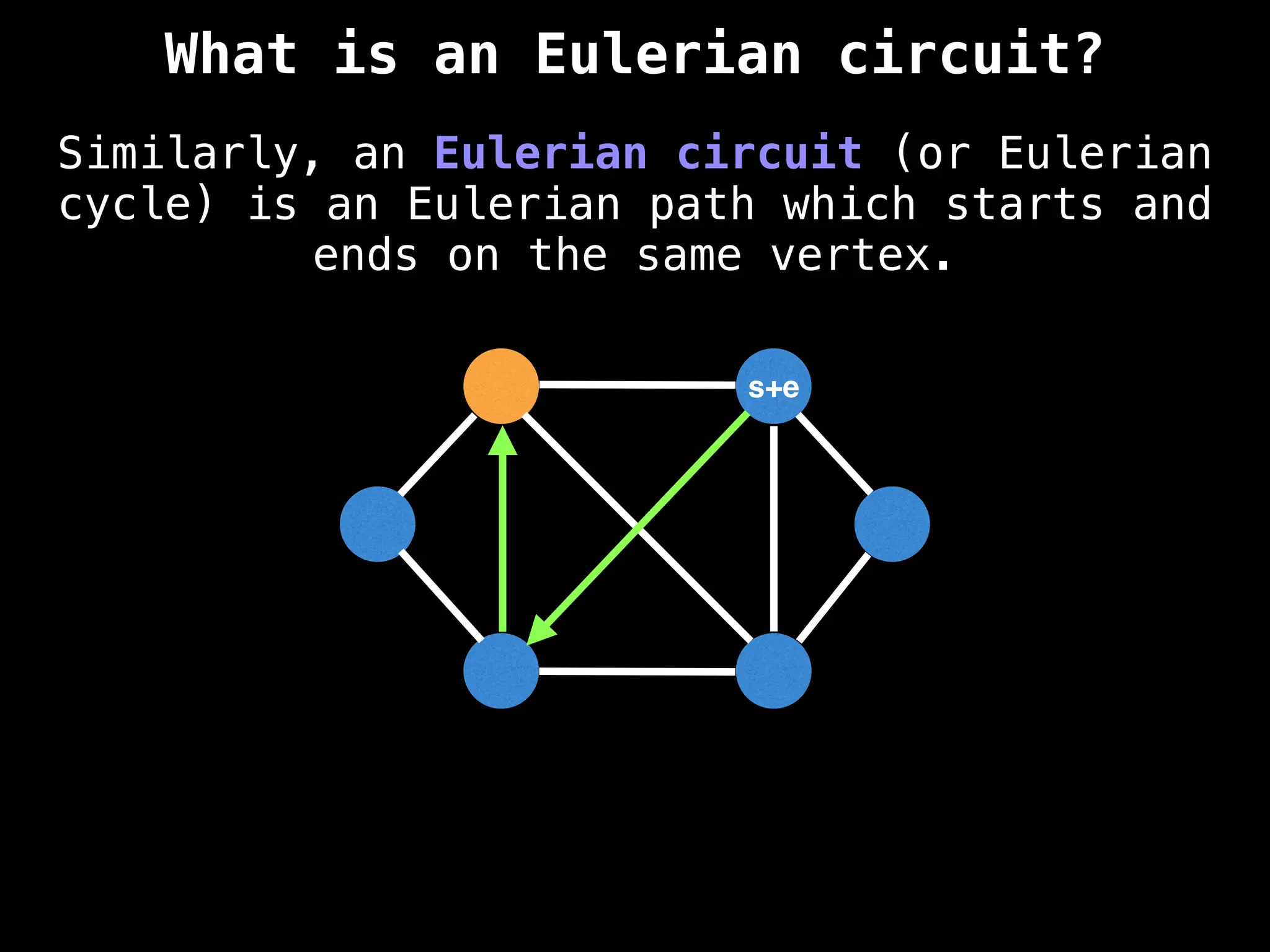 Similarly, an Eulerian circuit (or Eulerian
cycle) is an Eulerian path which starts and
ends on the same vertex.
s+e
What is an Eulerian circuit?
 