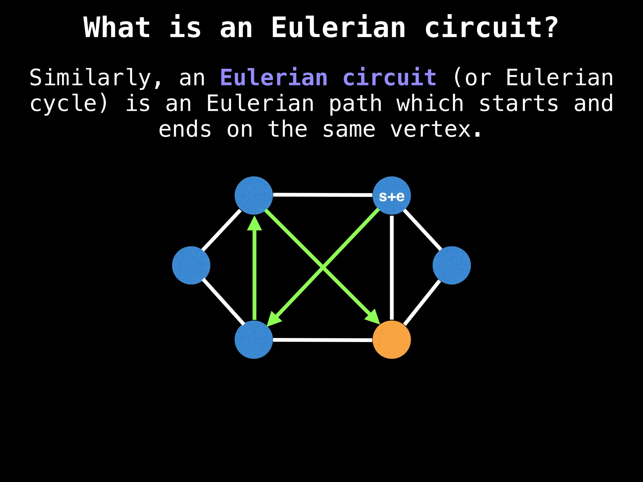 Similarly, an Eulerian circuit (or Eulerian
cycle) is an Eulerian path which starts and
ends on the same vertex.
s+e
What is an Eulerian circuit?
 