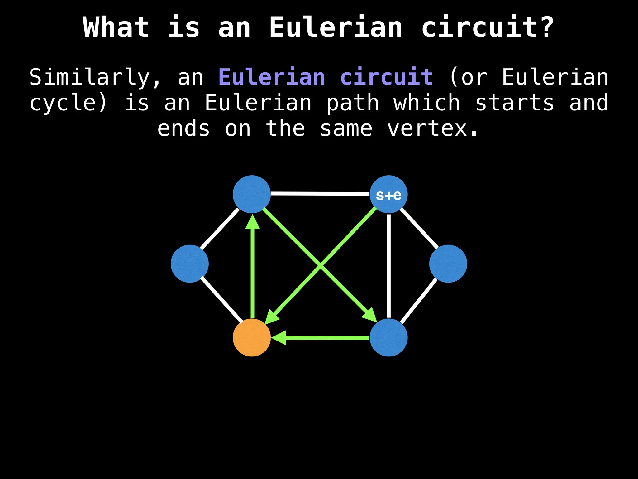 Similarly, an Eulerian circuit (or Eulerian
cycle) is an Eulerian path which starts and
ends on the same vertex.
s+e
What is an Eulerian circuit?
 