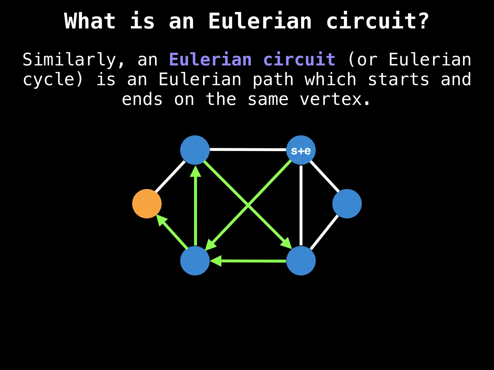 Similarly, an Eulerian circuit (or Eulerian
cycle) is an Eulerian path which starts and
ends on the same vertex.
s+e
What is an Eulerian circuit?
 