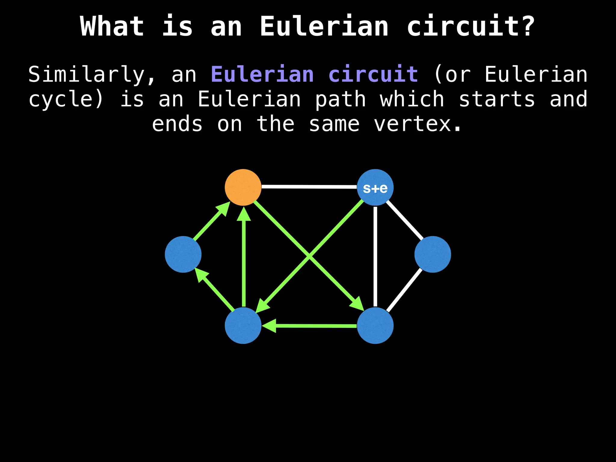 Similarly, an Eulerian circuit (or Eulerian
cycle) is an Eulerian path which starts and
ends on the same vertex.
s+e
What is an Eulerian circuit?
 