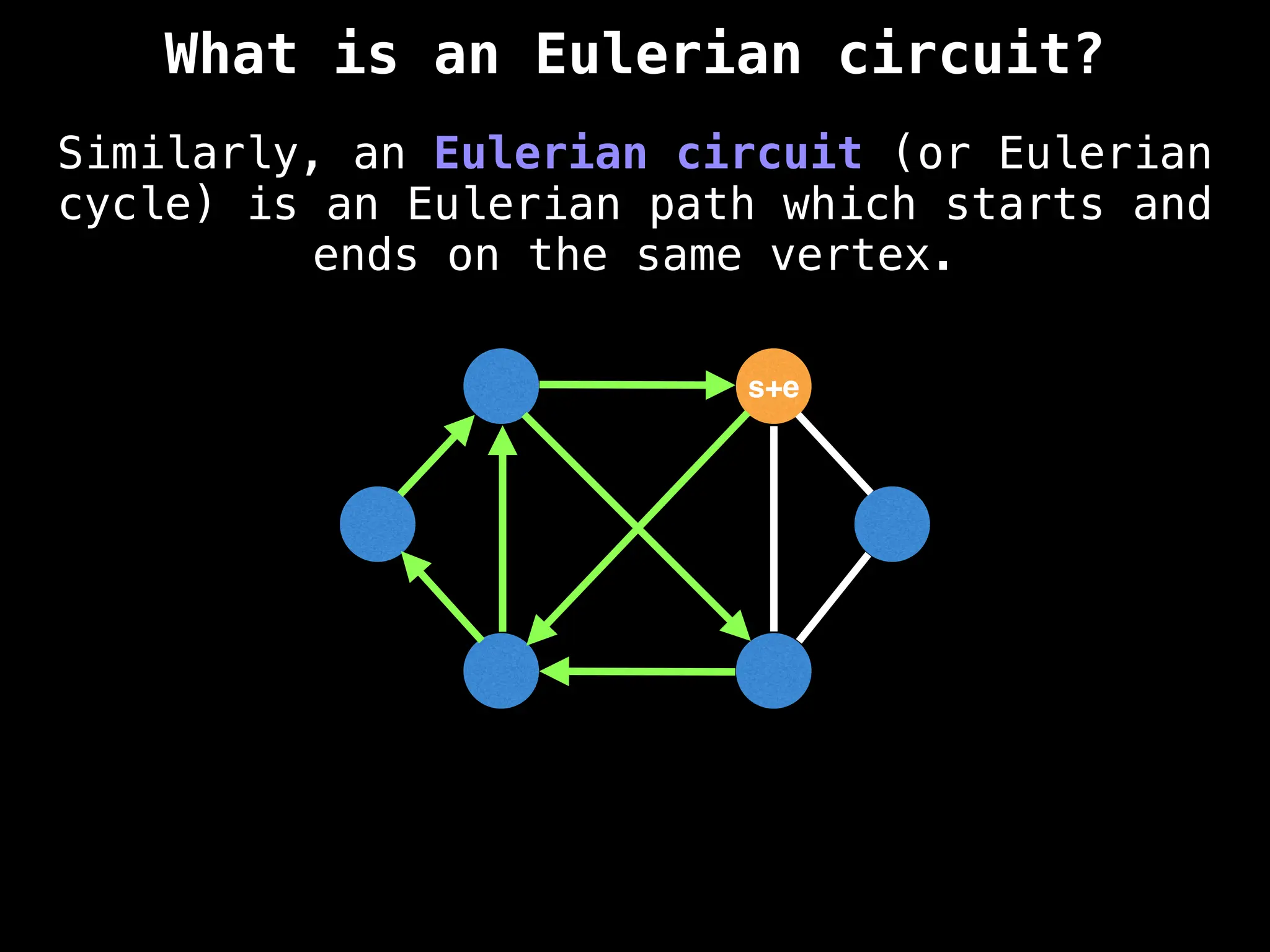 Similarly, an Eulerian circuit (or Eulerian
cycle) is an Eulerian path which starts and
ends on the same vertex.
s+e
What is an Eulerian circuit?
 