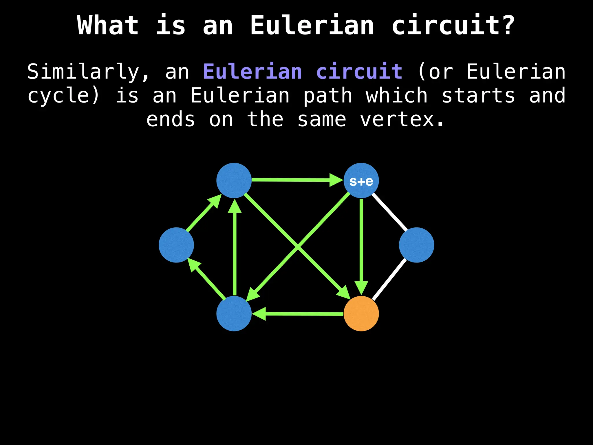 Similarly, an Eulerian circuit (or Eulerian
cycle) is an Eulerian path which starts and
ends on the same vertex.
s+e
What is an Eulerian circuit?
 