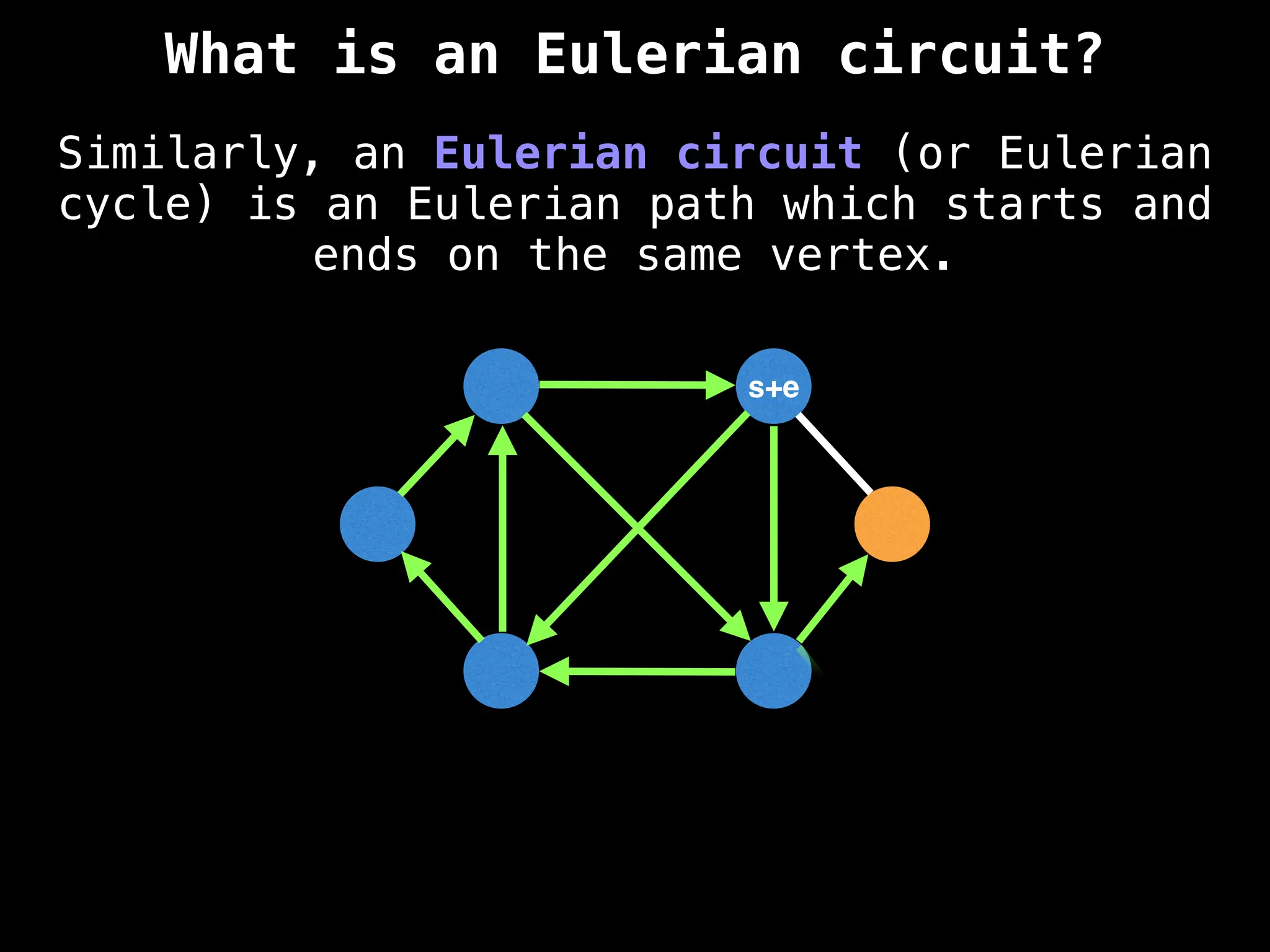 Similarly, an Eulerian circuit (or Eulerian
cycle) is an Eulerian path which starts and
ends on the same vertex.
s+e
What is an Eulerian circuit?
 