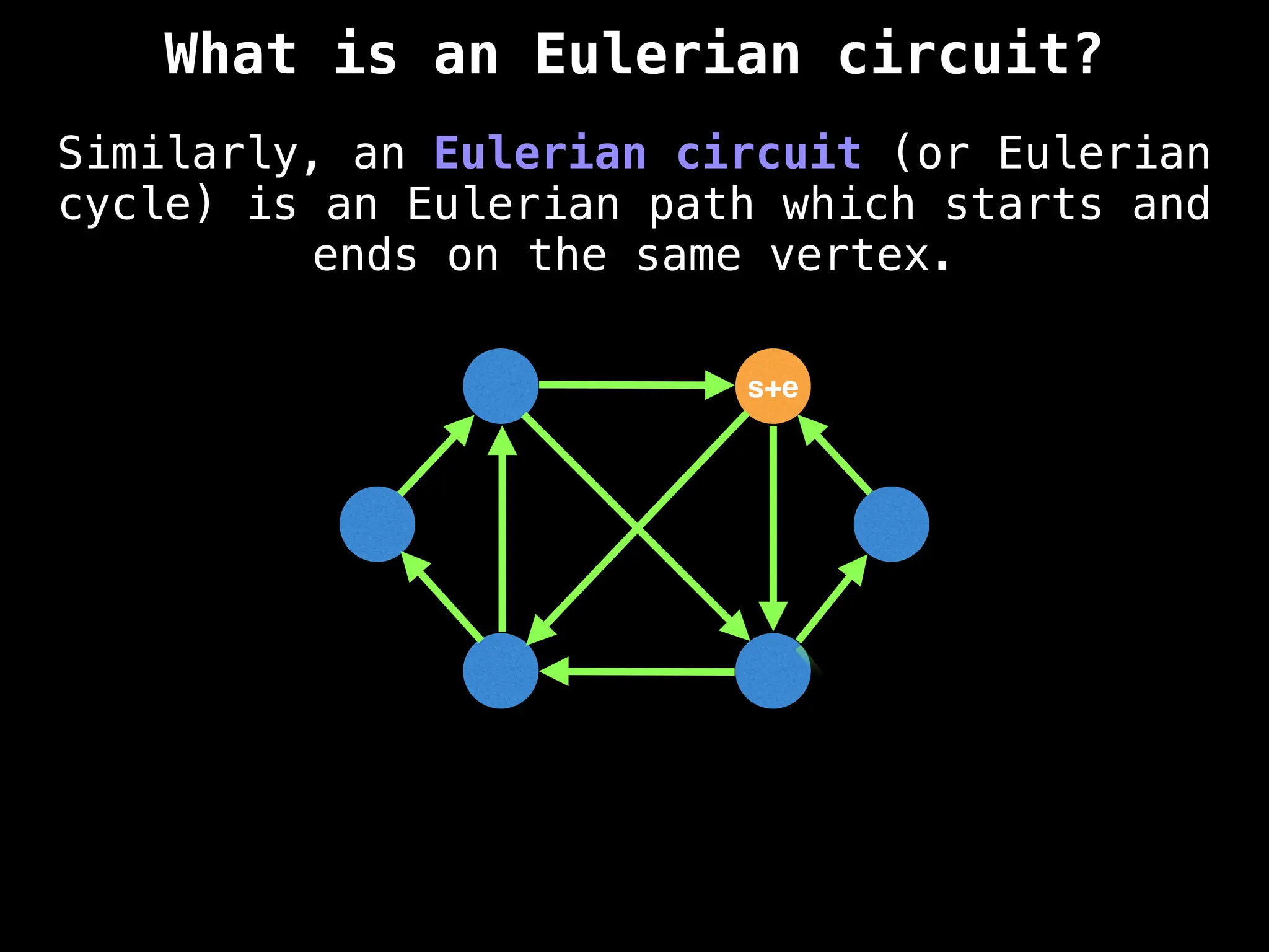Similarly, an Eulerian circuit (or Eulerian
cycle) is an Eulerian path which starts and
ends on the same vertex.
s+e
What is an Eulerian circuit?
 