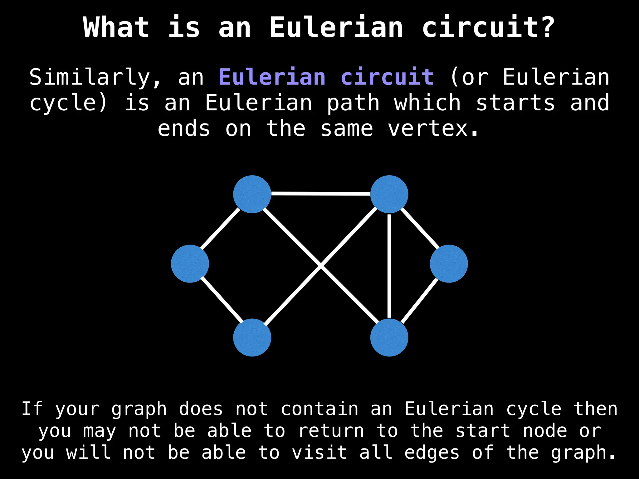 Similarly, an Eulerian circuit (or Eulerian
cycle) is an Eulerian path which starts and
ends on the same vertex.
If your graph does not contain an Eulerian cycle then
you may not be able to return to the start node or
you will not be able to visit all edges of the graph.
What is an Eulerian circuit?
 