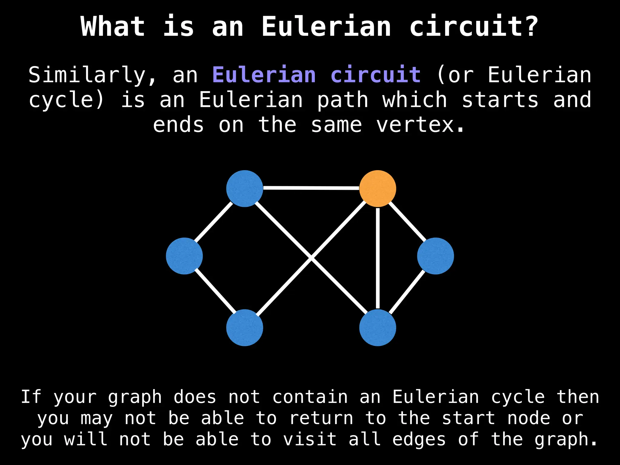 Similarly, an Eulerian circuit (or Eulerian
cycle) is an Eulerian path which starts and
ends on the same vertex.
What is an Eulerian circuit?
If your graph does not contain an Eulerian cycle then
you may not be able to return to the start node or
you will not be able to visit all edges of the graph.
 