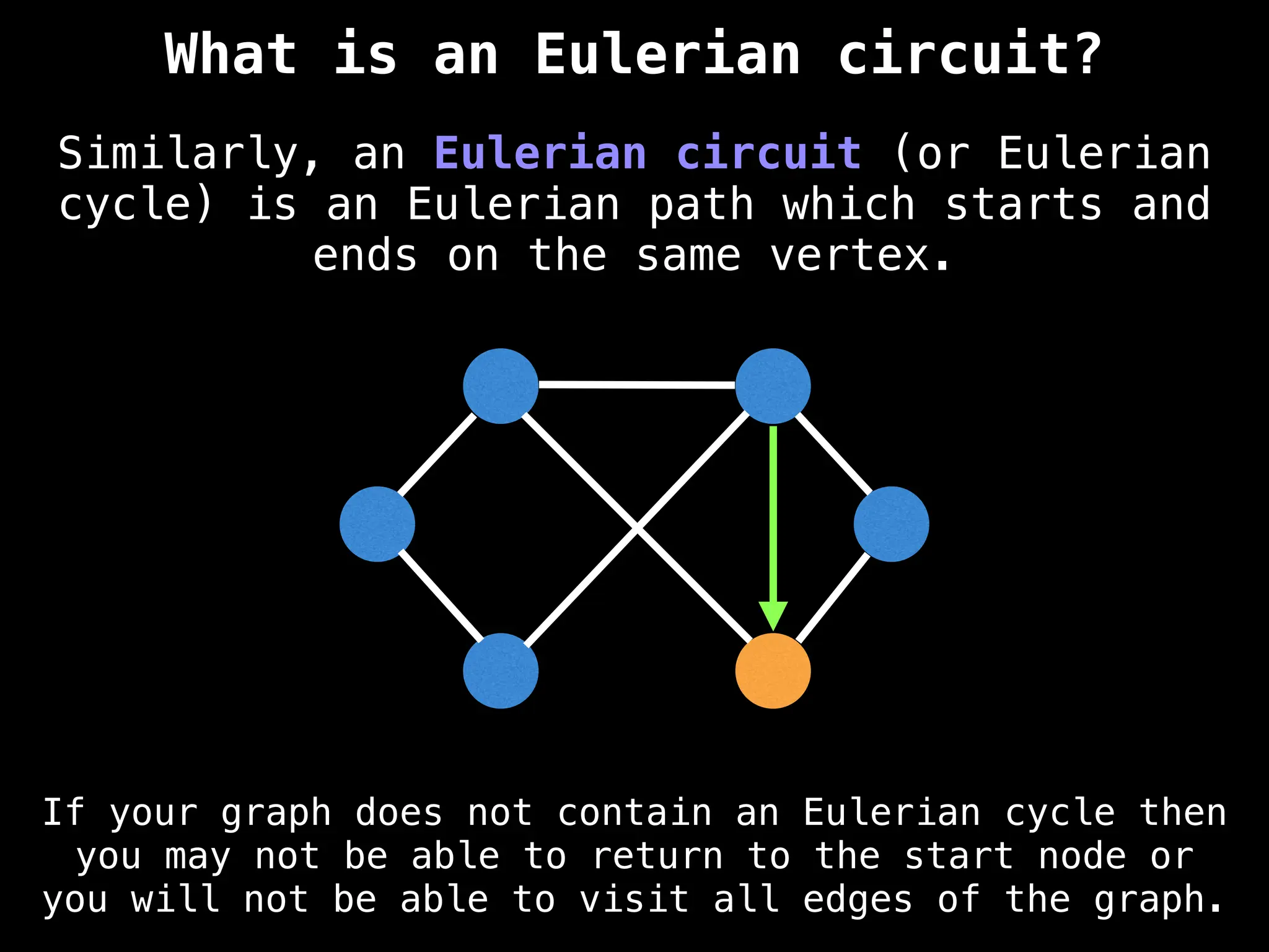 Similarly, an Eulerian circuit (or Eulerian
cycle) is an Eulerian path which starts and
ends on the same vertex.
What is an Eulerian circuit?
If your graph does not contain an Eulerian cycle then
you may not be able to return to the start node or
you will not be able to visit all edges of the graph.
 