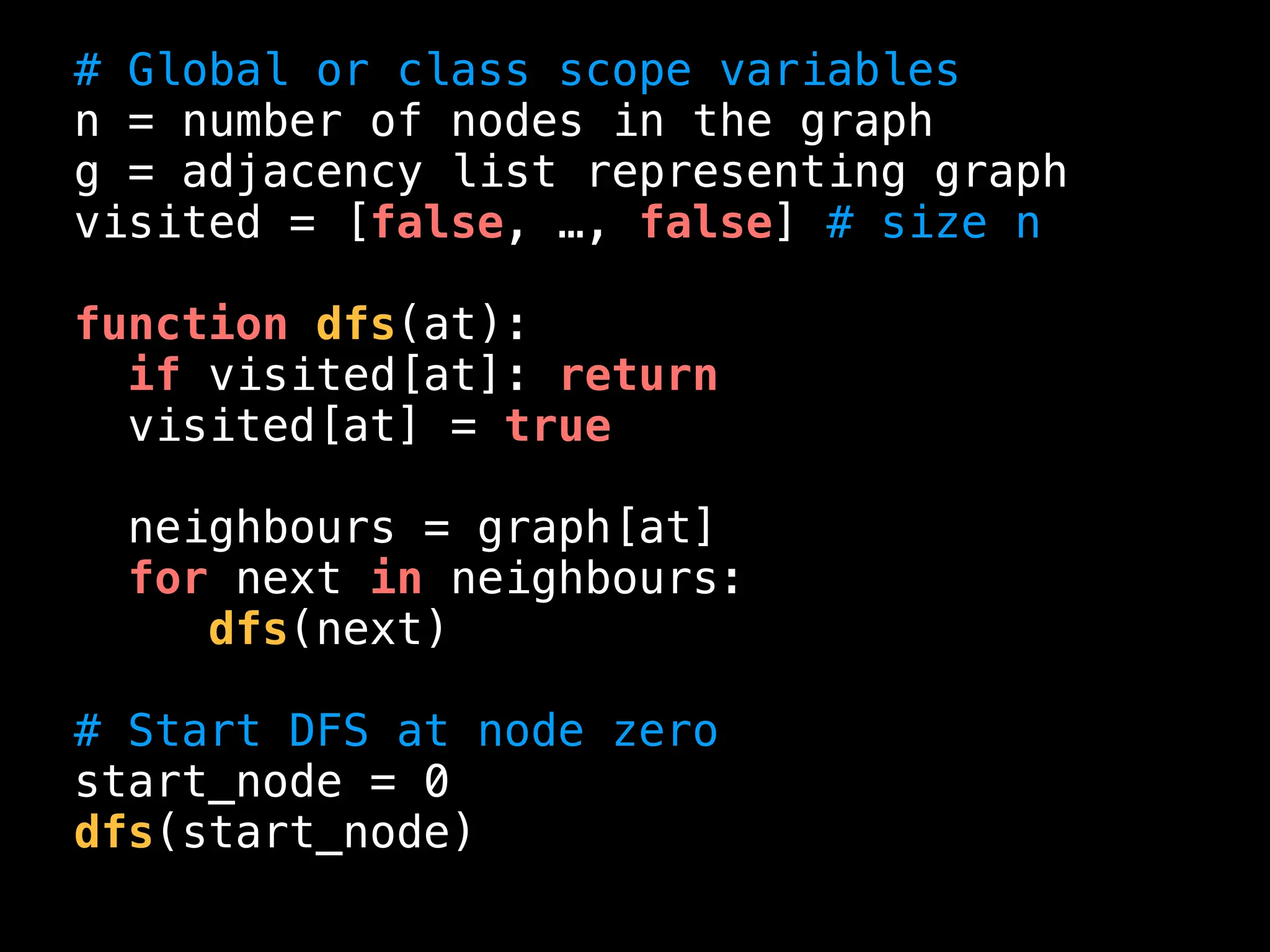 # Global or class scope variables
n = number of nodes in the graph
g = adjacency list representing graph
visited = [false, …, false] # size n
function dfs(at):
if visited[at]: return
visited[at] = true
neighbours = graph[at]
for next in neighbours:
dfs(next)
# Start DFS at node zero
start_node = 0
dfs(start_node)
 