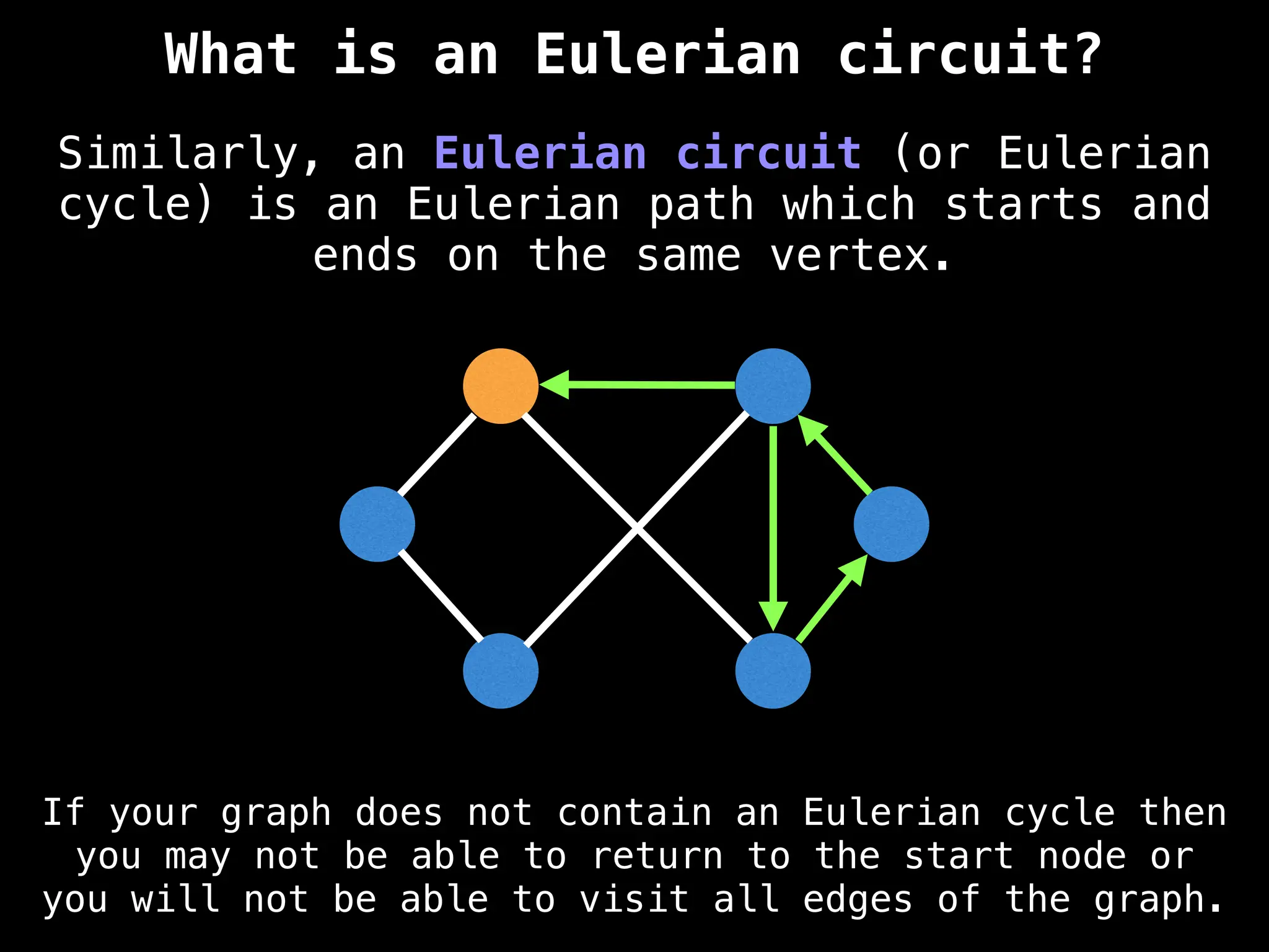 Similarly, an Eulerian circuit (or Eulerian
cycle) is an Eulerian path which starts and
ends on the same vertex.
What is an Eulerian circuit?
If your graph does not contain an Eulerian cycle then
you may not be able to return to the start node or
you will not be able to visit all edges of the graph.
 