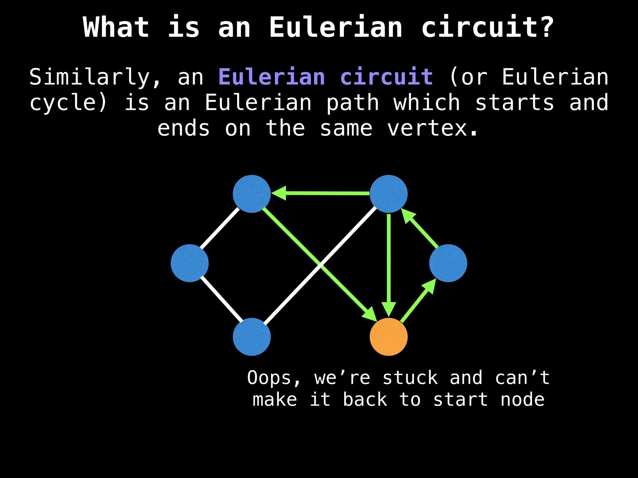 Similarly, an Eulerian circuit (or Eulerian
cycle) is an Eulerian path which starts and
ends on the same vertex.
Oops, we’re stuck and can’t
make it back to start node
What is an Eulerian circuit?
 