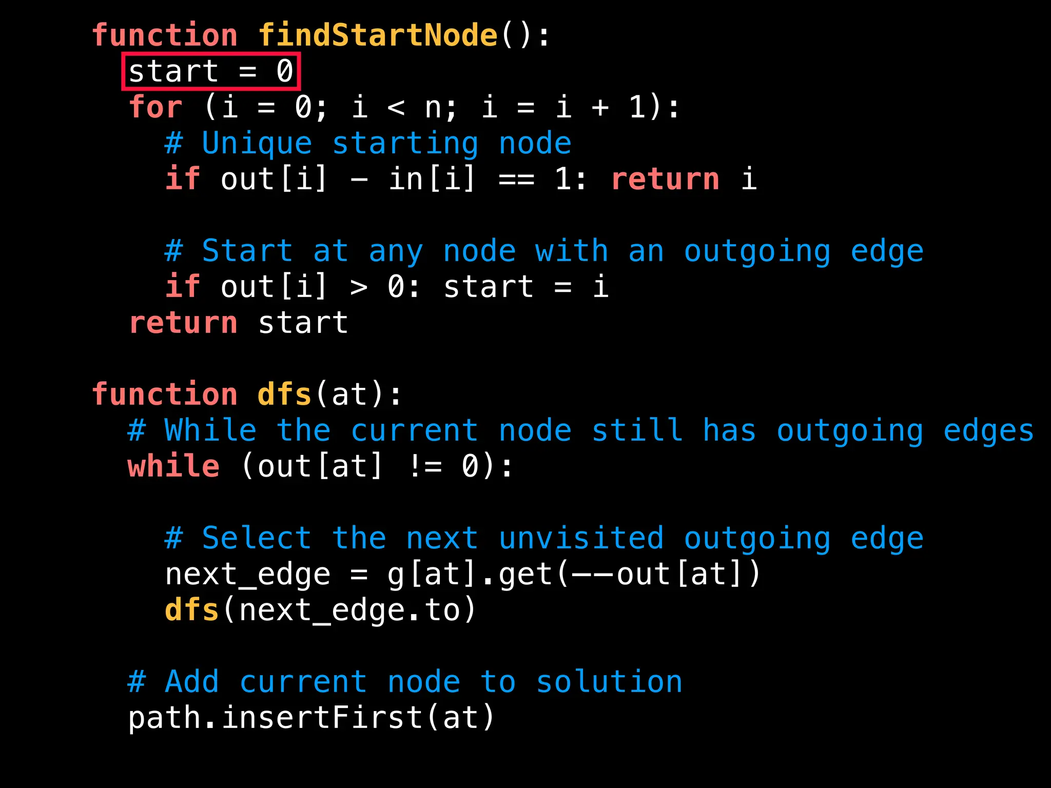 function findStartNode():
start = 0
for (i = 0; i < n; i = i + 1):
# Unique starting node
if out[i] - in[i] == 1: return i
# Start at any node with an outgoing edge
if out[i] > 0: start = i
return start
function dfs(at):
# While the current node still has outgoing edges
while (out[at] != 0):
# Select the next unvisited outgoing edge
next_edge = g[at].get(——out[at])
dfs(next_edge.to)
# Add current node to solution
path.insertFirst(at)
 