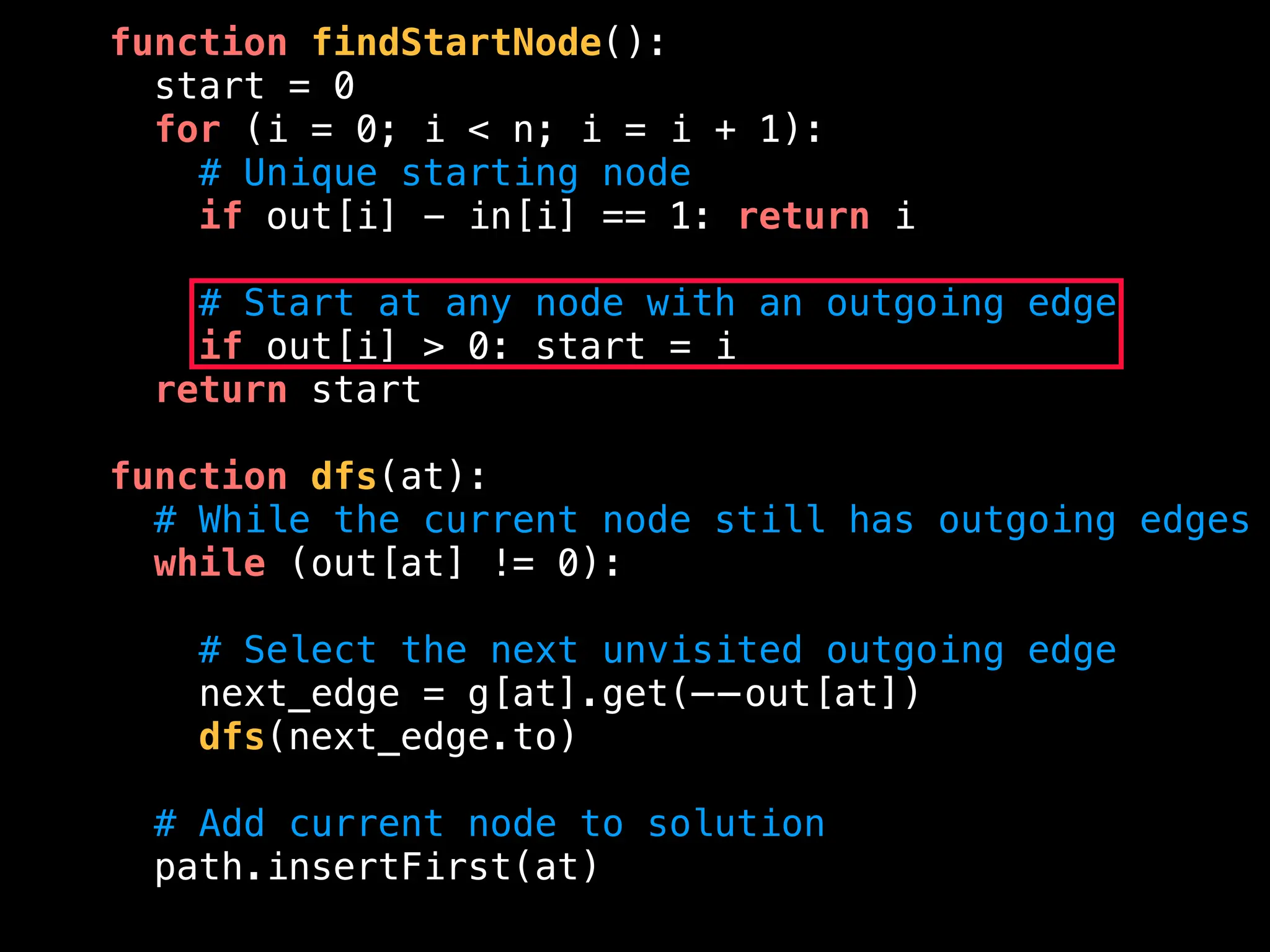 function findStartNode():
start = 0
for (i = 0; i < n; i = i + 1):
# Unique starting node
if out[i] - in[i] == 1: return i
# Start at any node with an outgoing edge
if out[i] > 0: start = i
return start
function dfs(at):
# While the current node still has outgoing edges
while (out[at] != 0):
# Select the next unvisited outgoing edge
next_edge = g[at].get(——out[at])
dfs(next_edge.to)
# Add current node to solution
path.insertFirst(at)
 