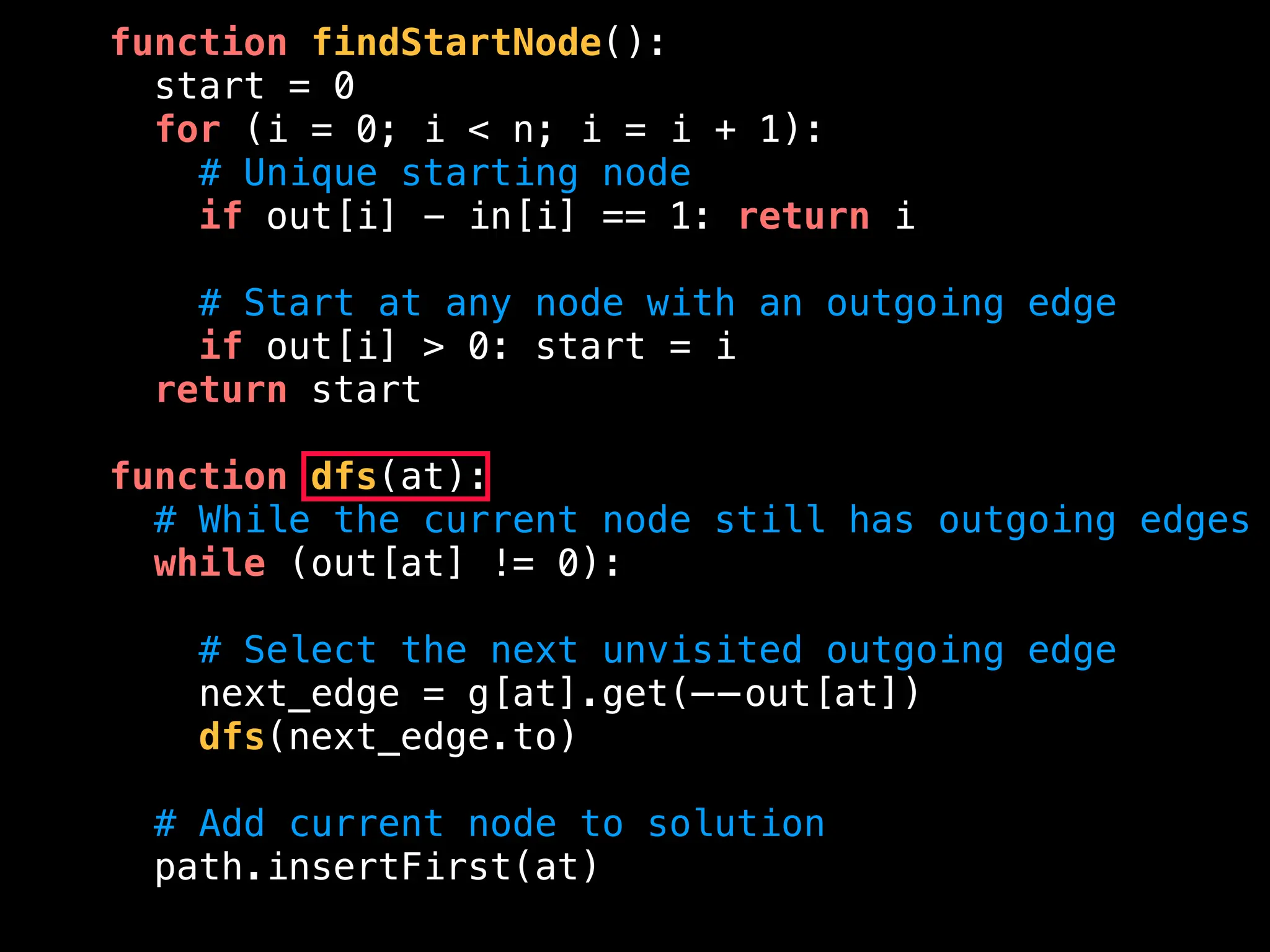 function findStartNode():
start = 0
for (i = 0; i < n; i = i + 1):
# Unique starting node
if out[i] - in[i] == 1: return i
# Start at any node with an outgoing edge
if out[i] > 0: start = i
return start
function dfs(at):
# While the current node still has outgoing edges
while (out[at] != 0):
# Select the next unvisited outgoing edge
next_edge = g[at].get(——out[at])
dfs(next_edge.to)
# Add current node to solution
path.insertFirst(at)
 