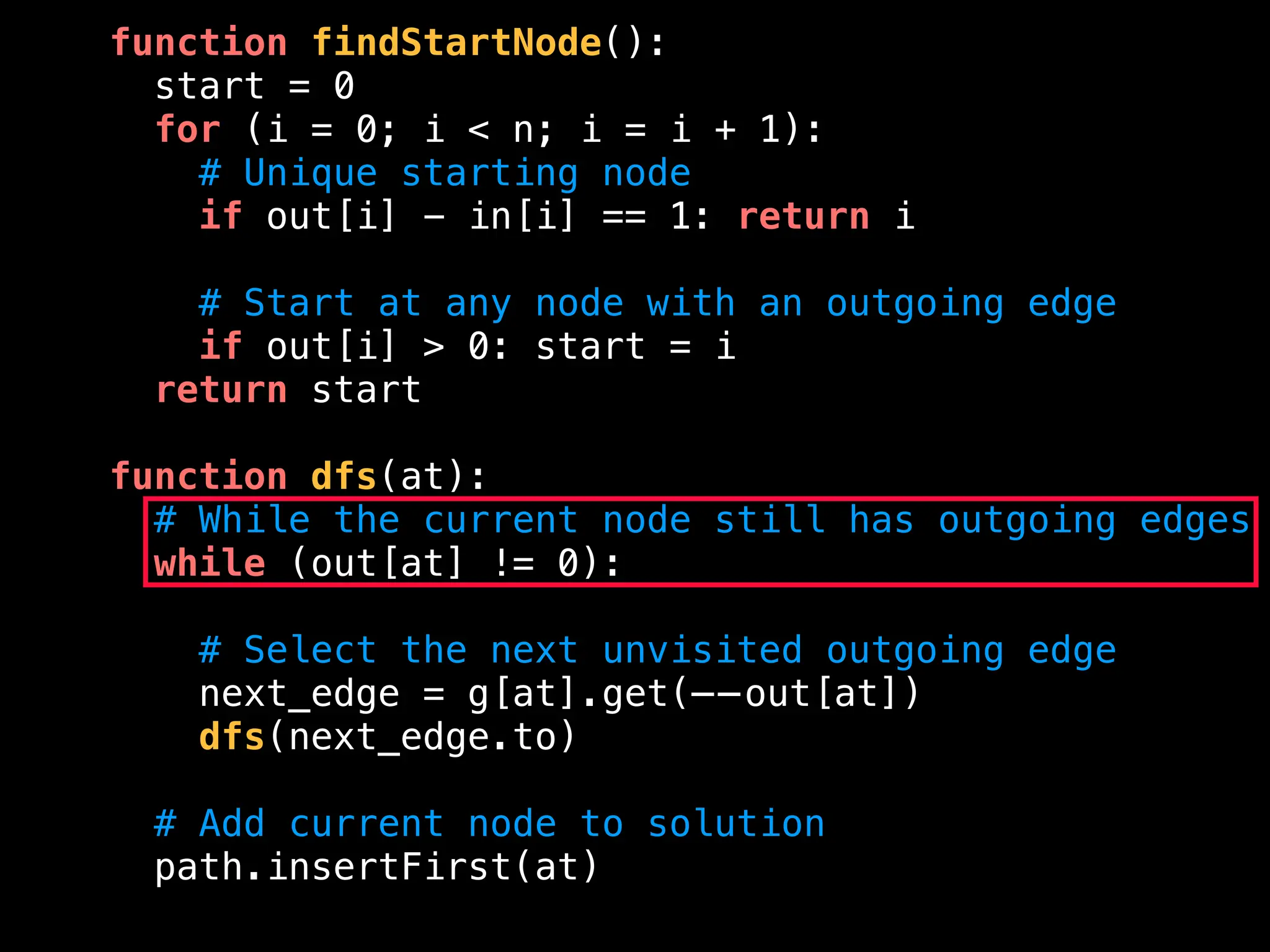 function findStartNode():
start = 0
for (i = 0; i < n; i = i + 1):
# Unique starting node
if out[i] - in[i] == 1: return i
# Start at any node with an outgoing edge
if out[i] > 0: start = i
return start
function dfs(at):
# While the current node still has outgoing edges
while (out[at] != 0):
# Select the next unvisited outgoing edge
next_edge = g[at].get(——out[at])
dfs(next_edge.to)
# Add current node to solution
path.insertFirst(at)
 
